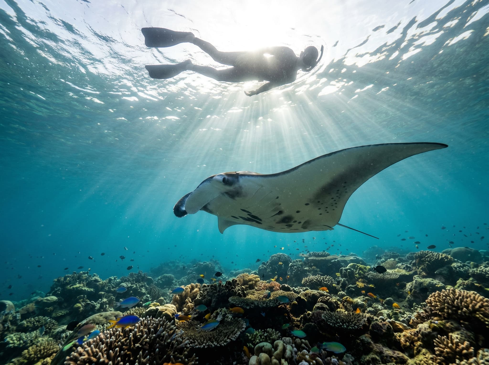 A manta ray gliding through shallow, sunlit water in Raja Ampat, visible from the surface — representing the article's repeated emphasis that manta rays are accessible to snorkelers without dive certification, one of the key arguments for the non-diver's trip