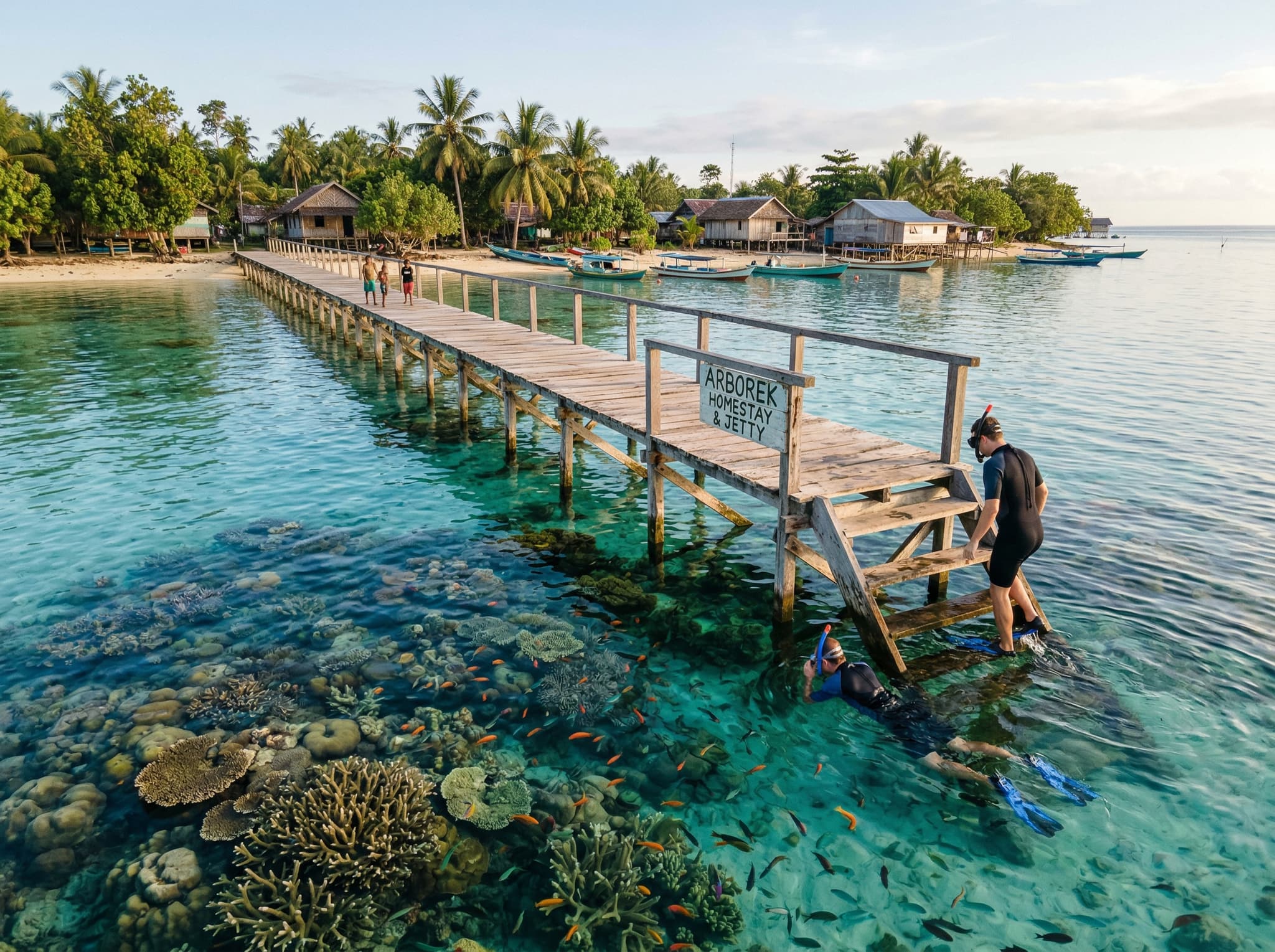 The Arborek village jetty extending over shallow reef in Raja Ampat, with clear water revealing coral directly beneath the wooden structure — illustrating the article's description of Arborek as the ideal beginner snorkeling entry point where reef access begins at the jetty's edge