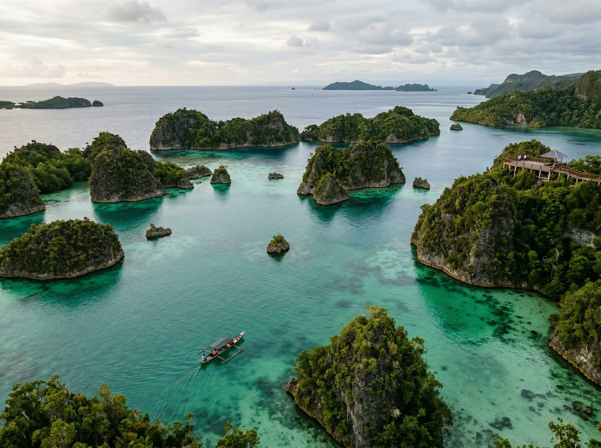 The Pianemo viewpoint in Raja Ampat showing the iconic panorama of mushroom-shaped karst islands surrounded by turquoise lagoons — illustrating the article's description of Pianemo as famous for its above-water viewpoint while also offering underrated drift snorkeling beneath the karsts