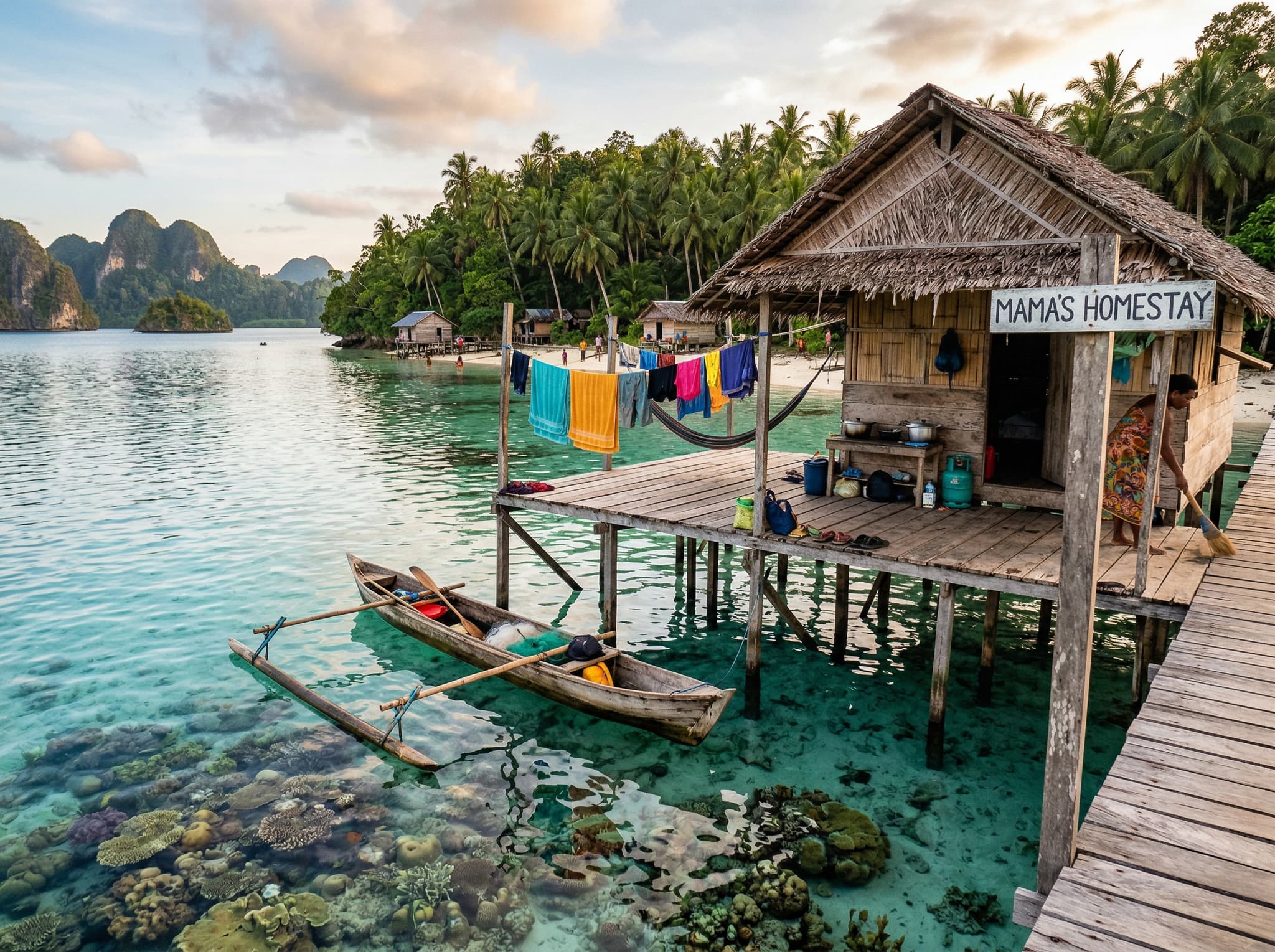 A traditional Raja Ampat homestay on Arborek or a similar island, showing a simple wooden bungalow on stilts over the water with reef visible below — illustrating the accommodation section's description of homestays that place snorkelers directly above the reef at a fraction of resort pricing