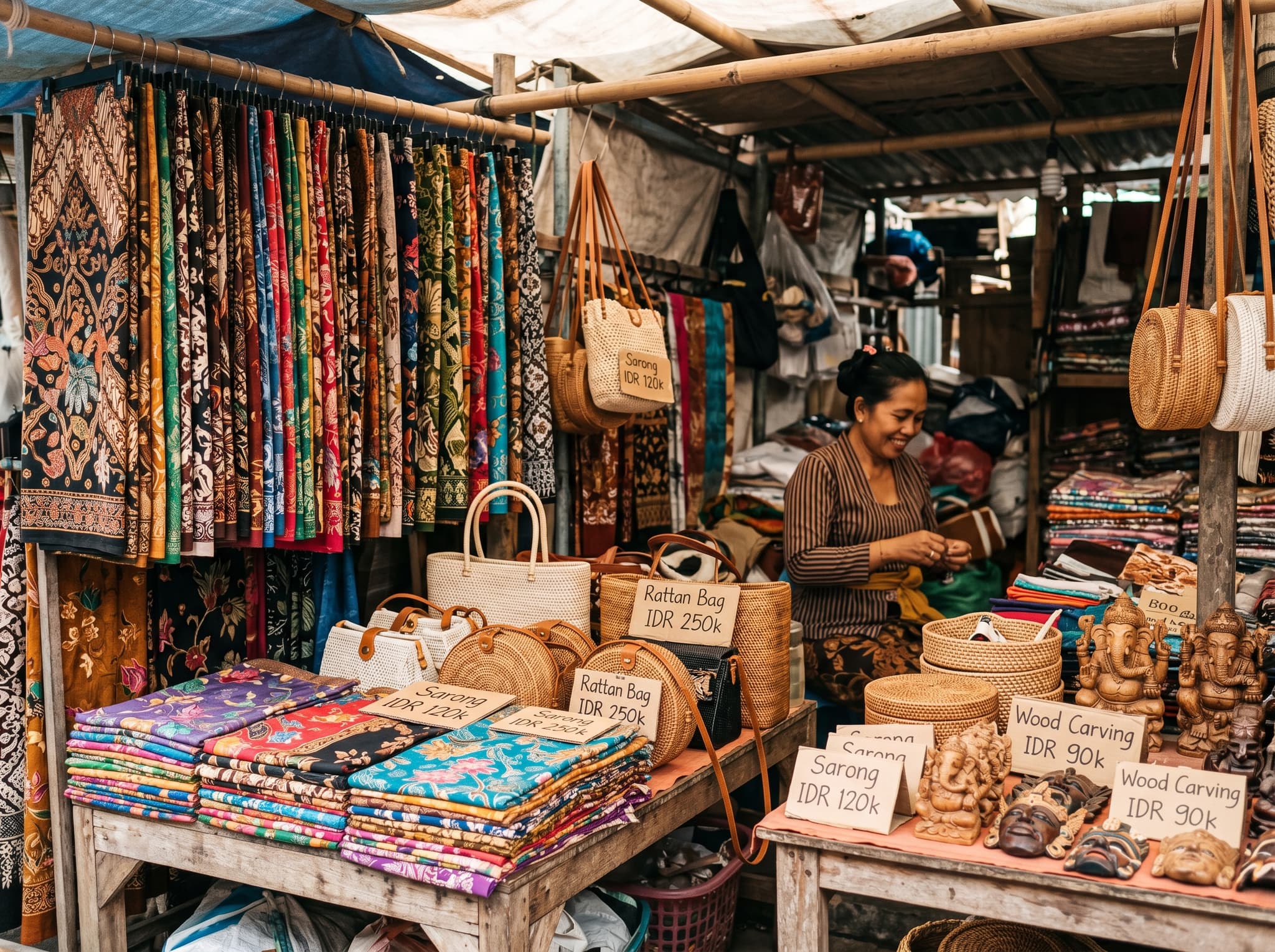 A vendor stall in a Bali market displaying sarongs and woven textiles at close range, representing the bargaining culture and tourist goods typical of Kayu Aya Square's market stalls in Seminyak