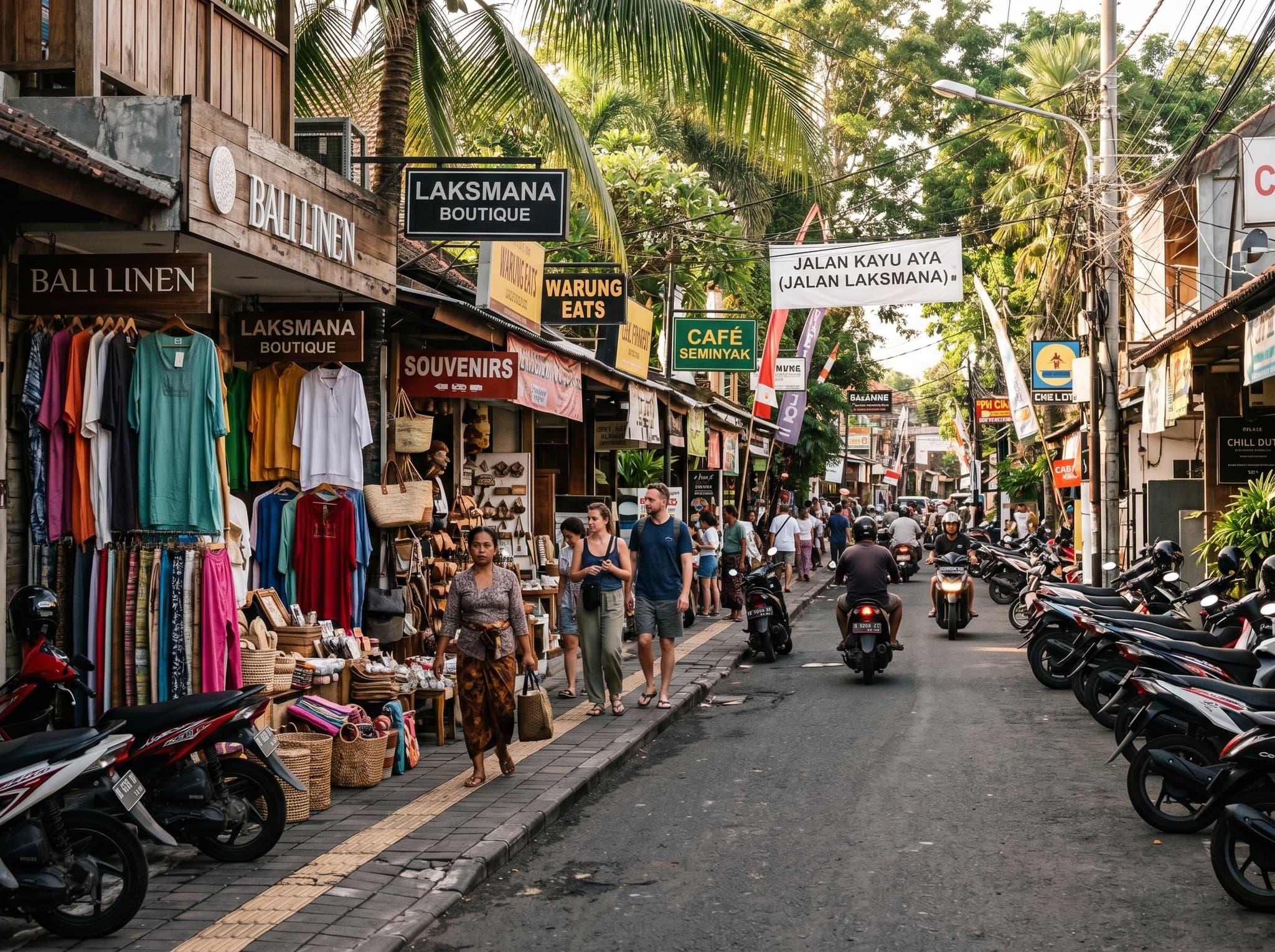 Street-level view along Jalan Kayu Aya in Seminyak, Bali, showing the commercial strip of boutique shops, cafés, and market activity that surrounds Kayu Aya Square — contextualizing the square's role as a navigation anchor in the neighborhood