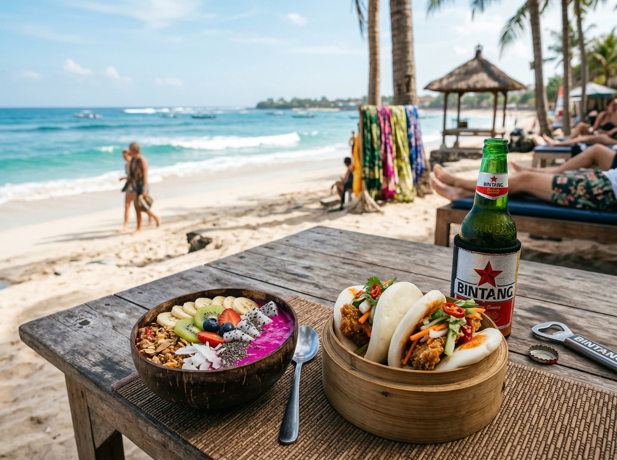 Food spread at a casual Bali beachfront warung — bao buns, smoothie bowl, and cold Bintang beer on a wooden table with sand and ocean visible in the background, representing Kelly's Warung menu in its beach setting