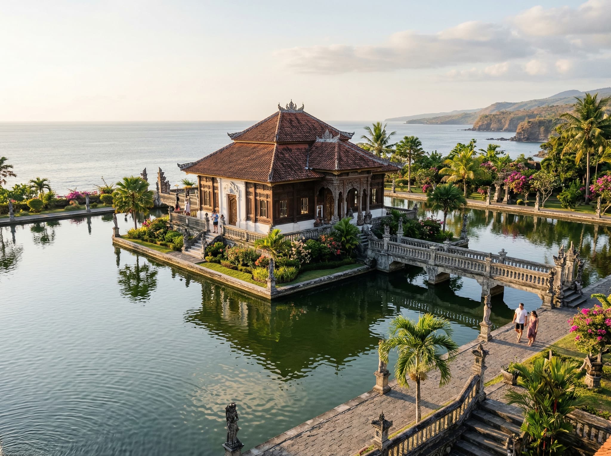 Taman Ujung water palace in Karangasem, East Bali — the sibling site built by the same raja in 1919, shown with its grand architectural pavilions set on a promontory with ocean views, illustrating the article's comparison between Taman Ujung's grandeur and Tirta Gangga's intimate garden character.