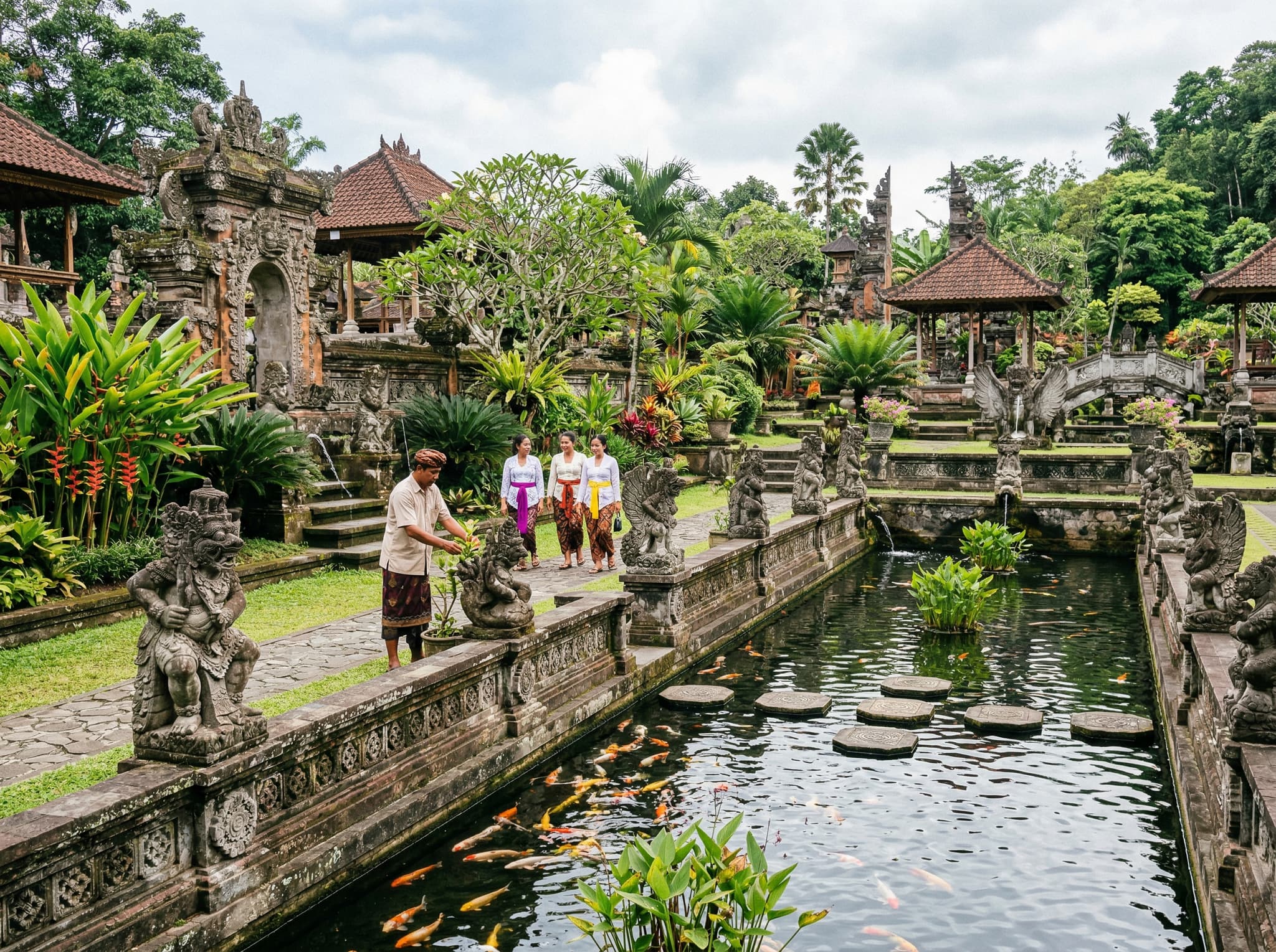 A historical or atmospheric view of Tirta Gangga's tiered garden architecture, showing the Balinese-Chinese design fusion — ornamental stone carvings, koi ponds, and layered garden terraces — illustrating the raja's vision of a royal retreat built during Bali's political transition in the mid-twentieth century.