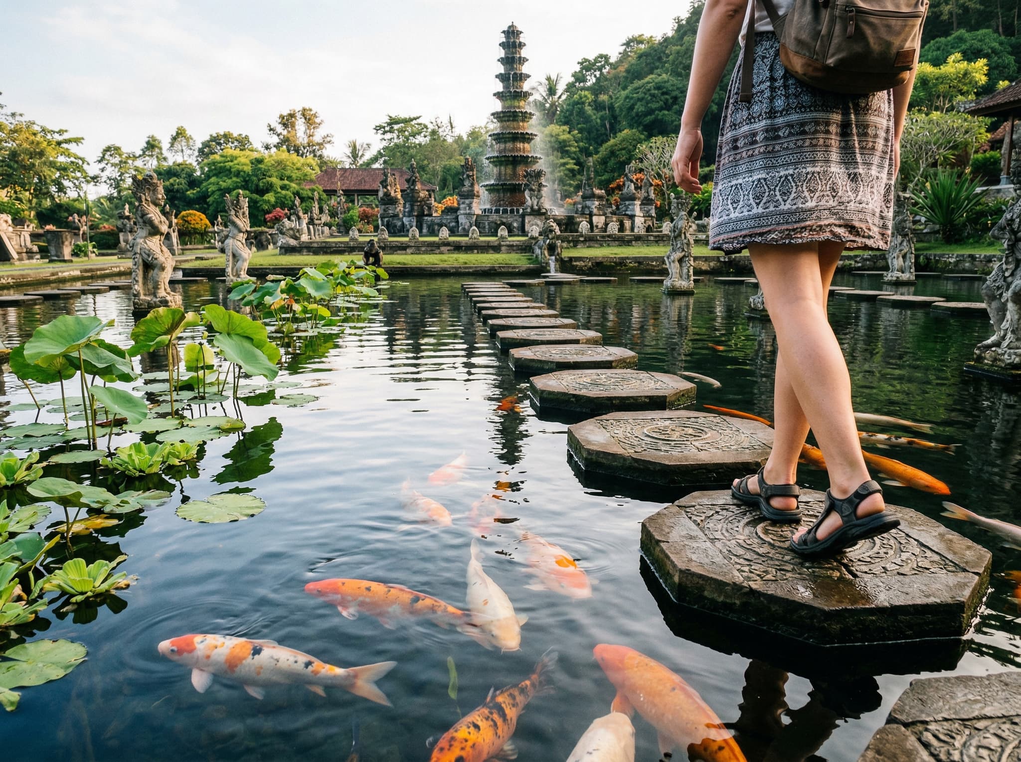 Close view of the stepping-stone path crossing the central koi pool at Tirta Gangga, with lotus flowers and large orange koi visible in the water below — illustrating the article's description of the palace's signature feature and the Balinese concept of water as purifier flowing through public space.