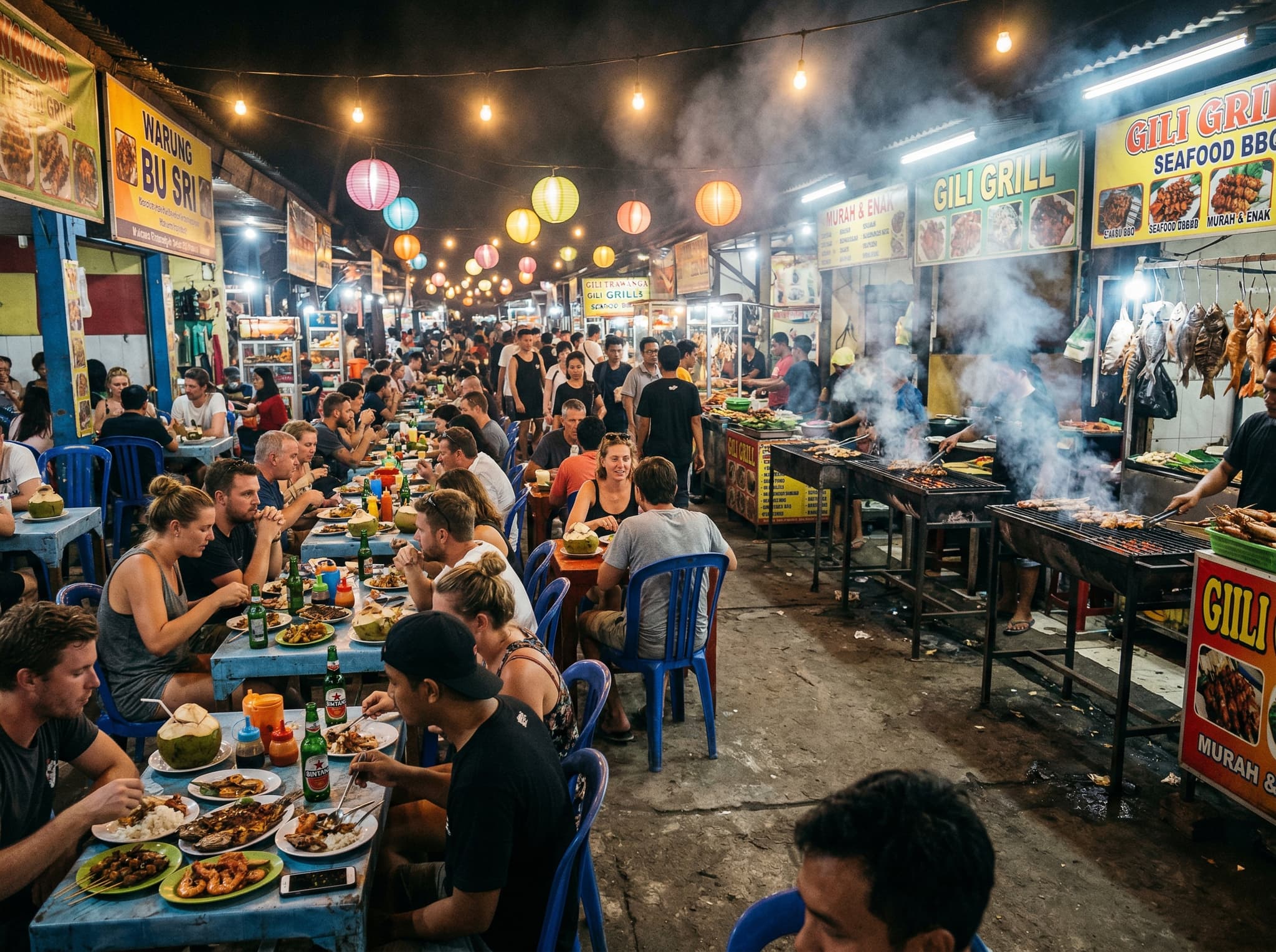 Crowded communal tables at the Gili Trawangan Night Market at peak evening hours — travelers eating elbow to elbow, charcoal smoke drifting across the road, capturing the loud and lively scene described in The Scene section