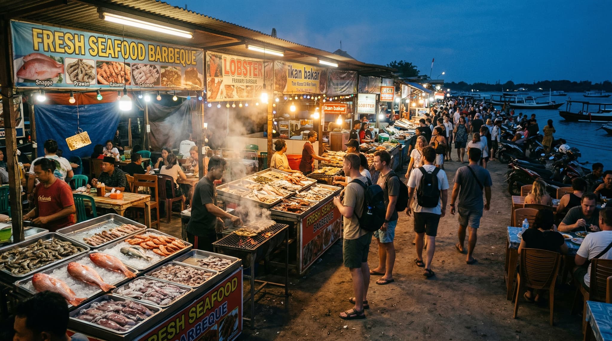 Gili Trawangan Night Market at dusk — rows of seafood stalls with charcoal grills smoking, fluorescent lights illuminating fresh fish and prawns on ice, travelers and locals browsing the stalls along the eastern harbor road of Gili Trawangan island