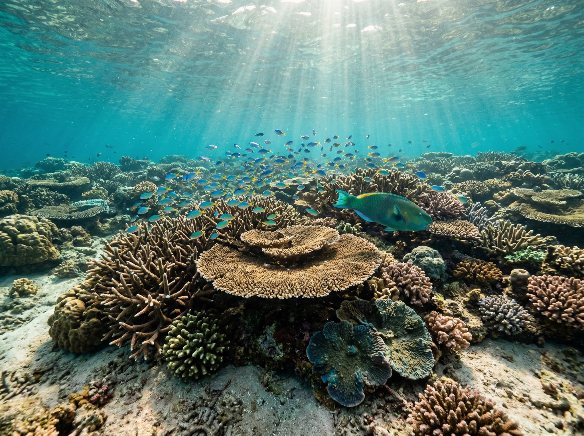Underwater view of a shallow coral reef in Komodo National Park showing tabletop and branching staghorn coral formations with parrotfish and damselfish swimming above — representing the reef garden experience described in the snorkeling section