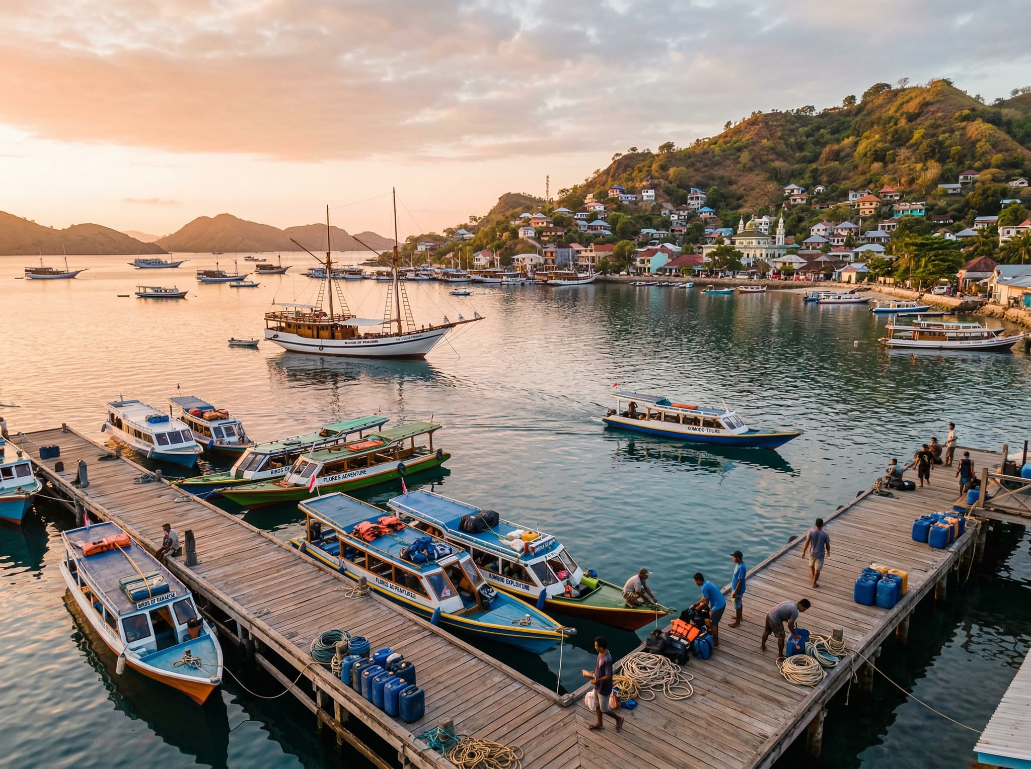 A traditional wooden Pinisi sailing vessel or speedboat departing Labuan Bajo harbor at dawn or early morning, representing the organized boat tours that are the only way to reach Menjerite Island in Komodo National Park