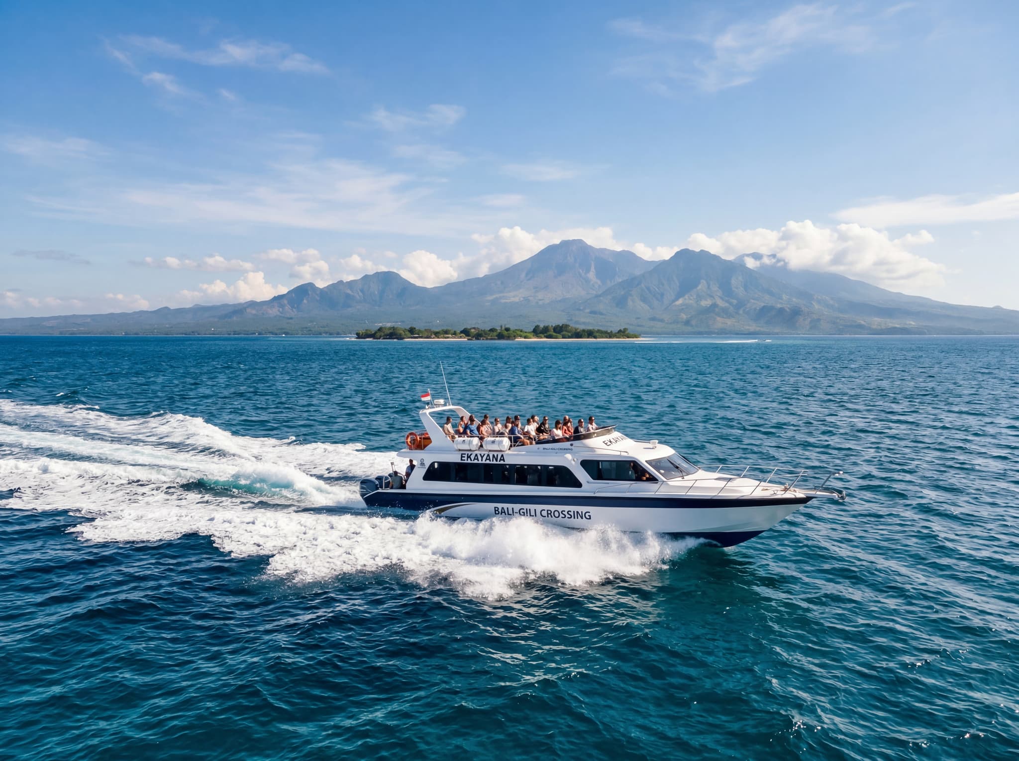 A fast boat cutting across open water between Bali and the Gili Islands, with the sea stretching wide and a volcanic ridgeline visible in the distance — illustrating the crossing described in the article's opening and the 'price of entry' that separates Gili Air from Bali