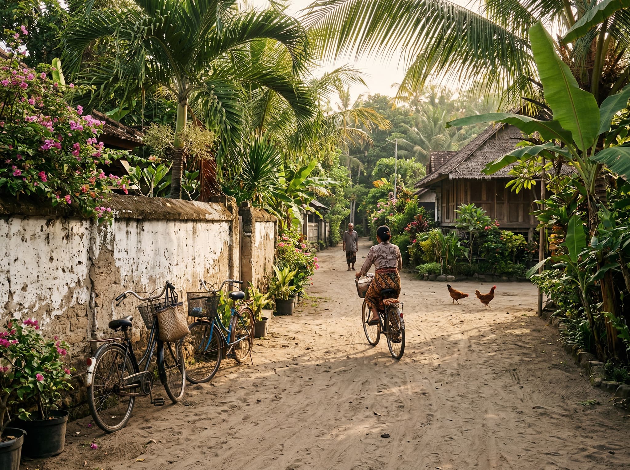 A quiet sandy path or lane on Gili Air with bicycles leaning against a wall or being ridden, no motorized vehicles in sight — capturing the car-free, unhurried pace the article describes as central to the island's character