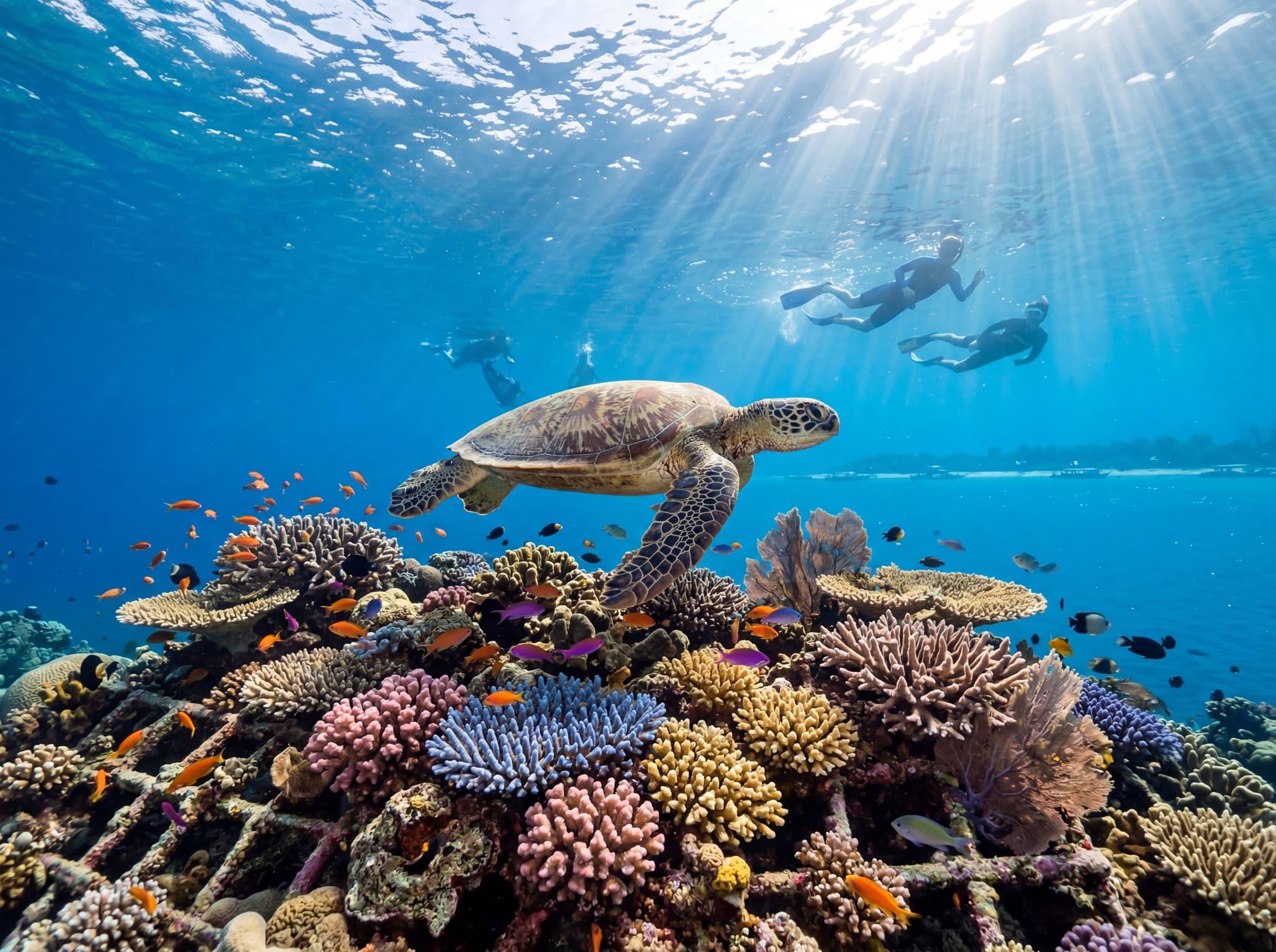 An underwater scene off the Gili Islands showing a sea turtle swimming above recovering coral reef, with clear blue water and natural light filtering down — illustrating the snorkeling and diving section and the reef recovery effort the article highlights