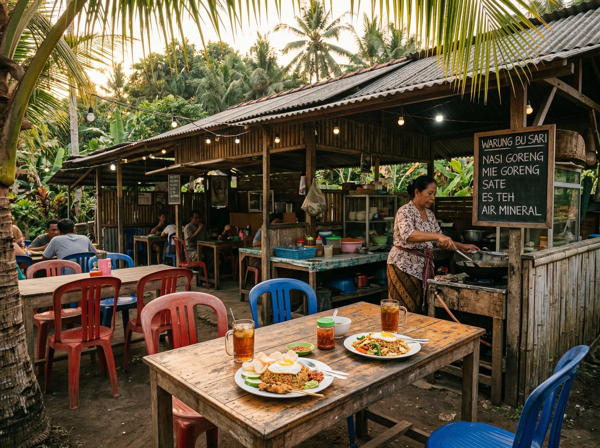 A small Indonesian warung or open-air restaurant on Gili Air, with simple wooden tables, local food on display, and warm ambient light — illustrating the article's recommendation to seek out inland warungs for cheaper, better nasi goreng over beachfront dining