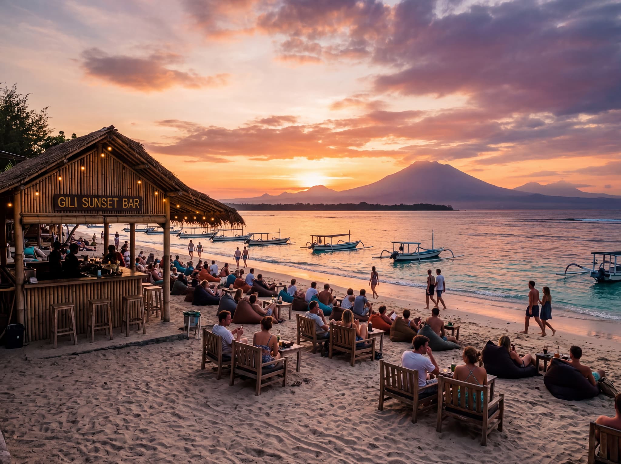 Sunset view from Gili Air's west coast looking toward Bali's volcanic silhouette on the horizon, with people gathered on the beach or at a low-key beach bar — capturing the golden hour moment the article describes as one of the island's defining daily rituals