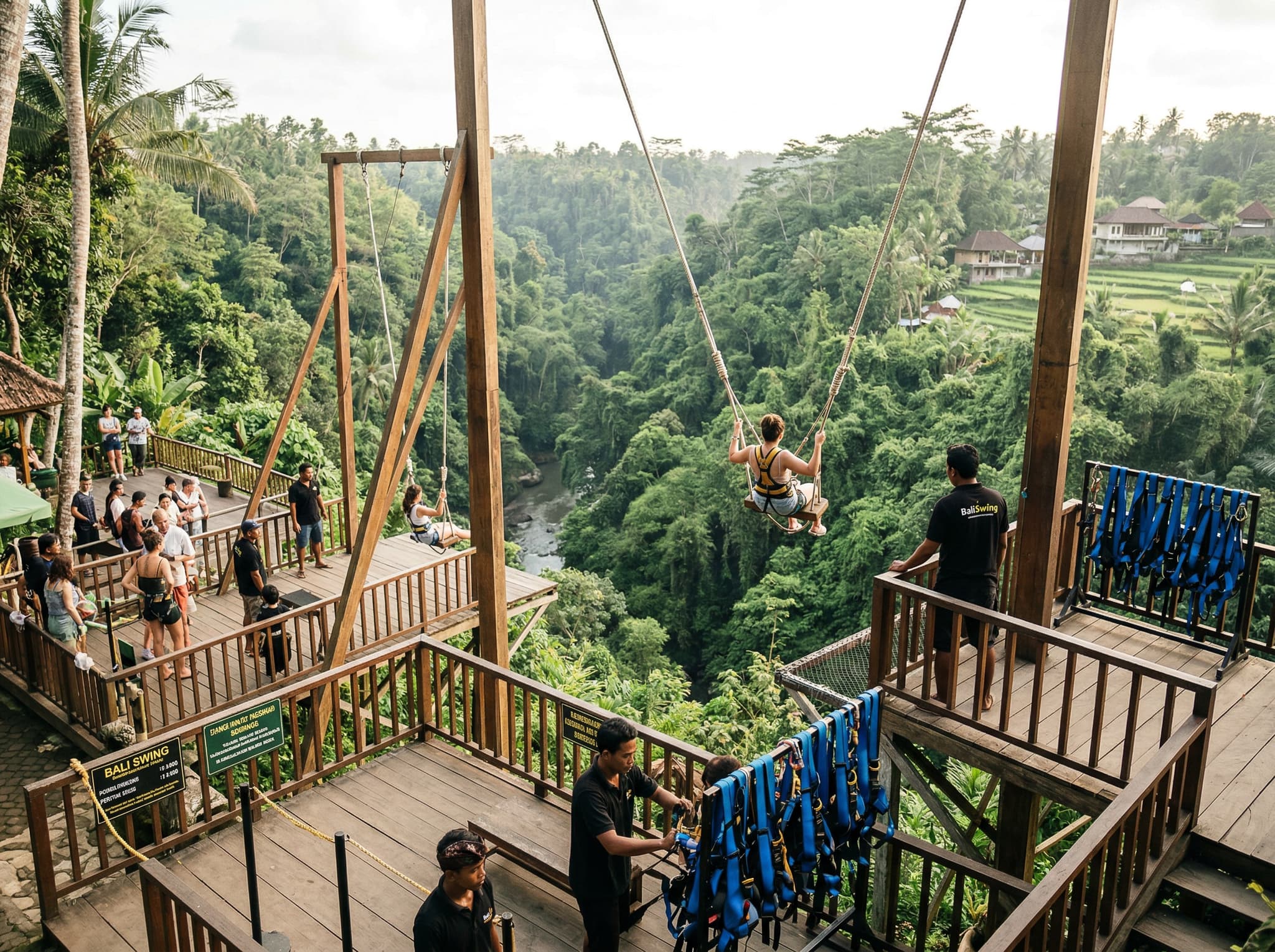 The Bali Swing compound in Bongkasa Pertiwi village showing the swing infrastructure — harness rigs, wooden platforms, and the steep jungle ravine below — giving readers a sense of the commercial setup described in the article.