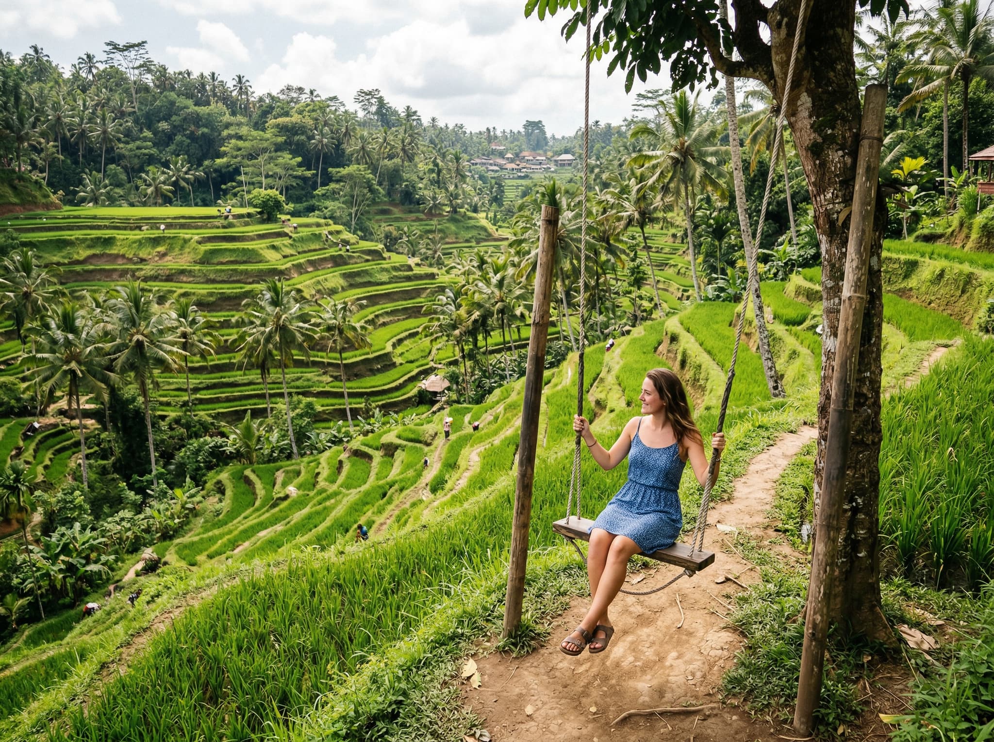 Tegallalang rice terrace swings in Bali — a lower swing set against the iconic stepped green terraces — representing the cheaper, less thrilling alternative to the original Bali Swing discussed in the article's copycat section.