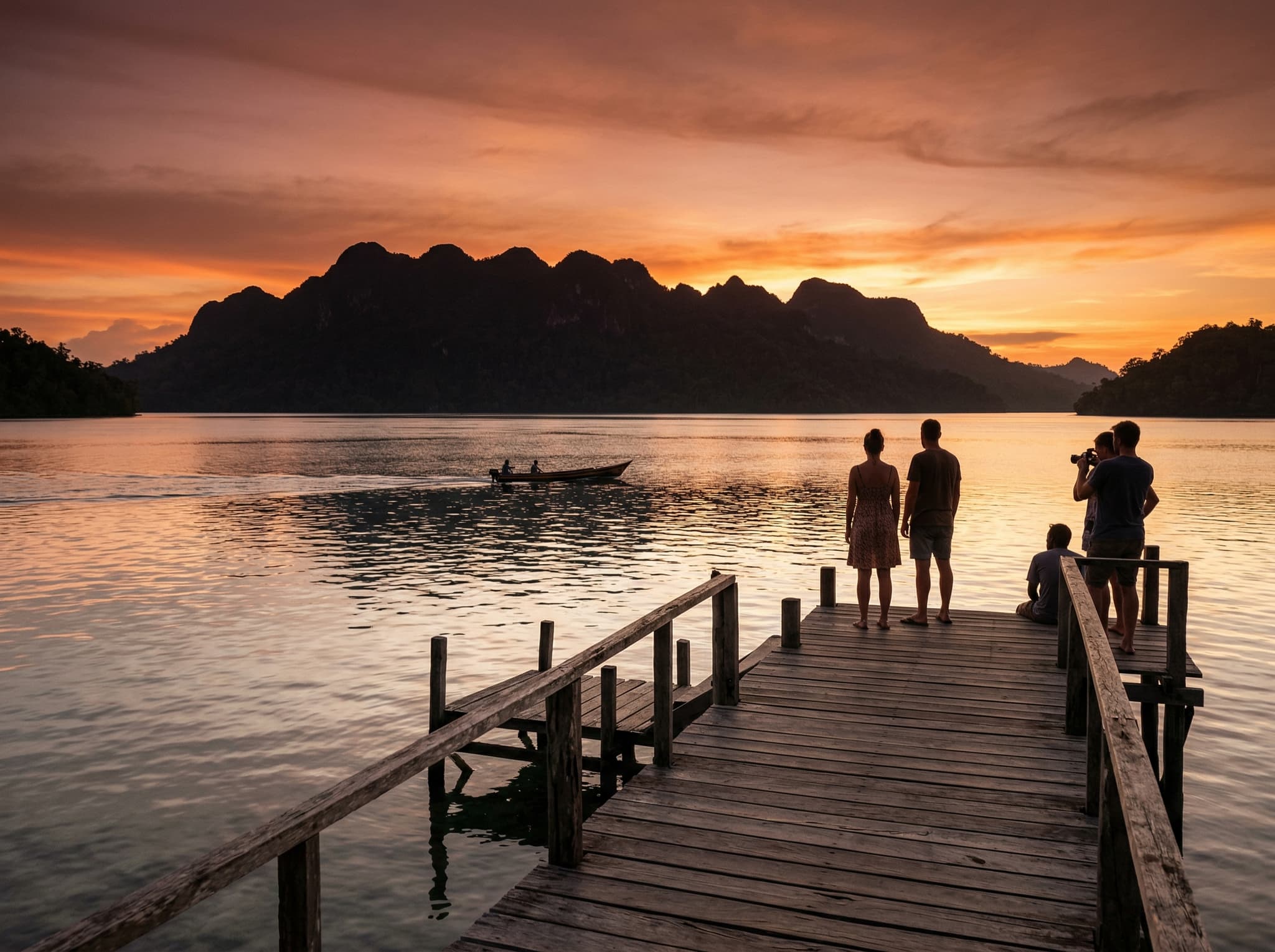 Sunset view from Kri Island's western beach looking toward Batanta Island, Raja Ampat — the sky turning copper over a silhouetted island horizon with flat metallic water, capturing the evening scene described near the end of the article