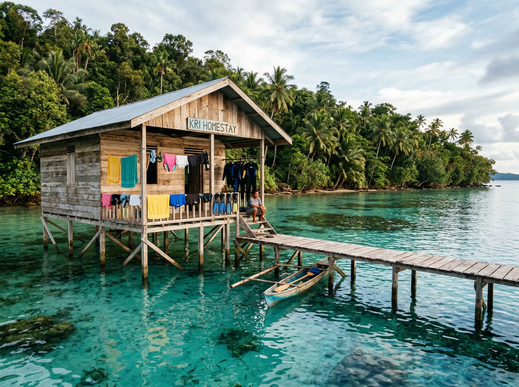 A simple overwater homestay on Kri Island, Raja Ampat — a wooden bungalow built on stilts above the water with a small jetty, representing the locally-owned accommodation described in the article's Where to Stay section