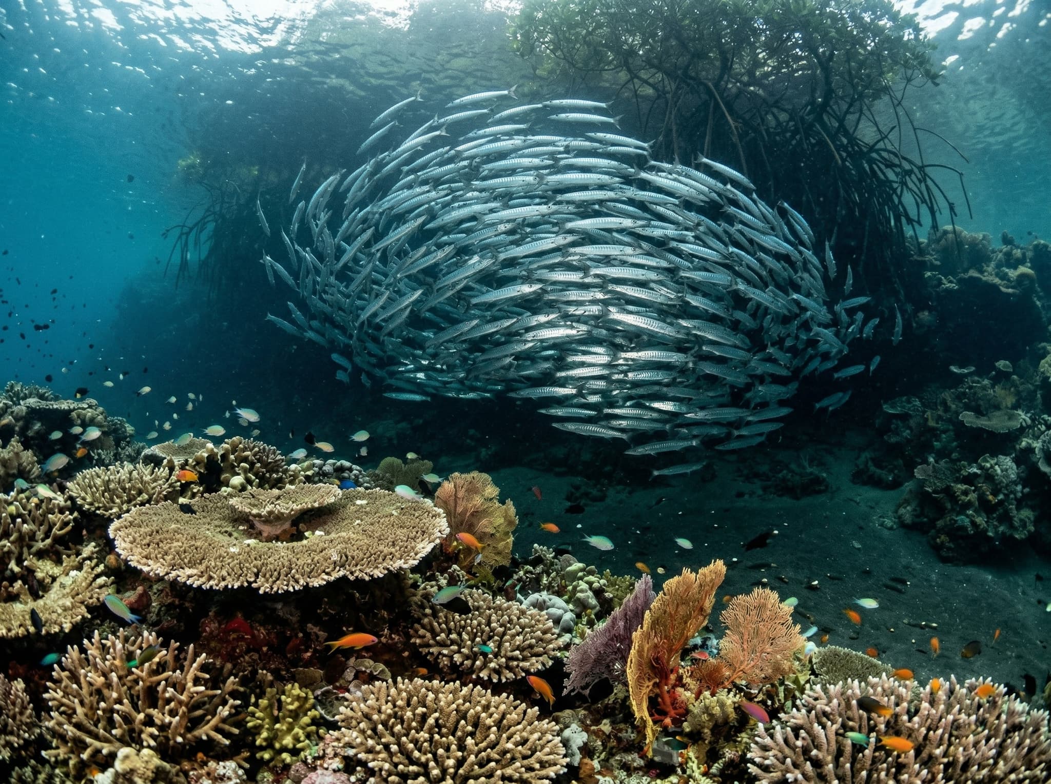 Underwater view inside Gam Channel showing the convergence of reef fish schools, sea fans, and coral rubble in shallow water — visually representing the ecosystem overlap of open-water species, reef fish, and mangrove juveniles described in the 'What Makes Gam Channel Special' section.