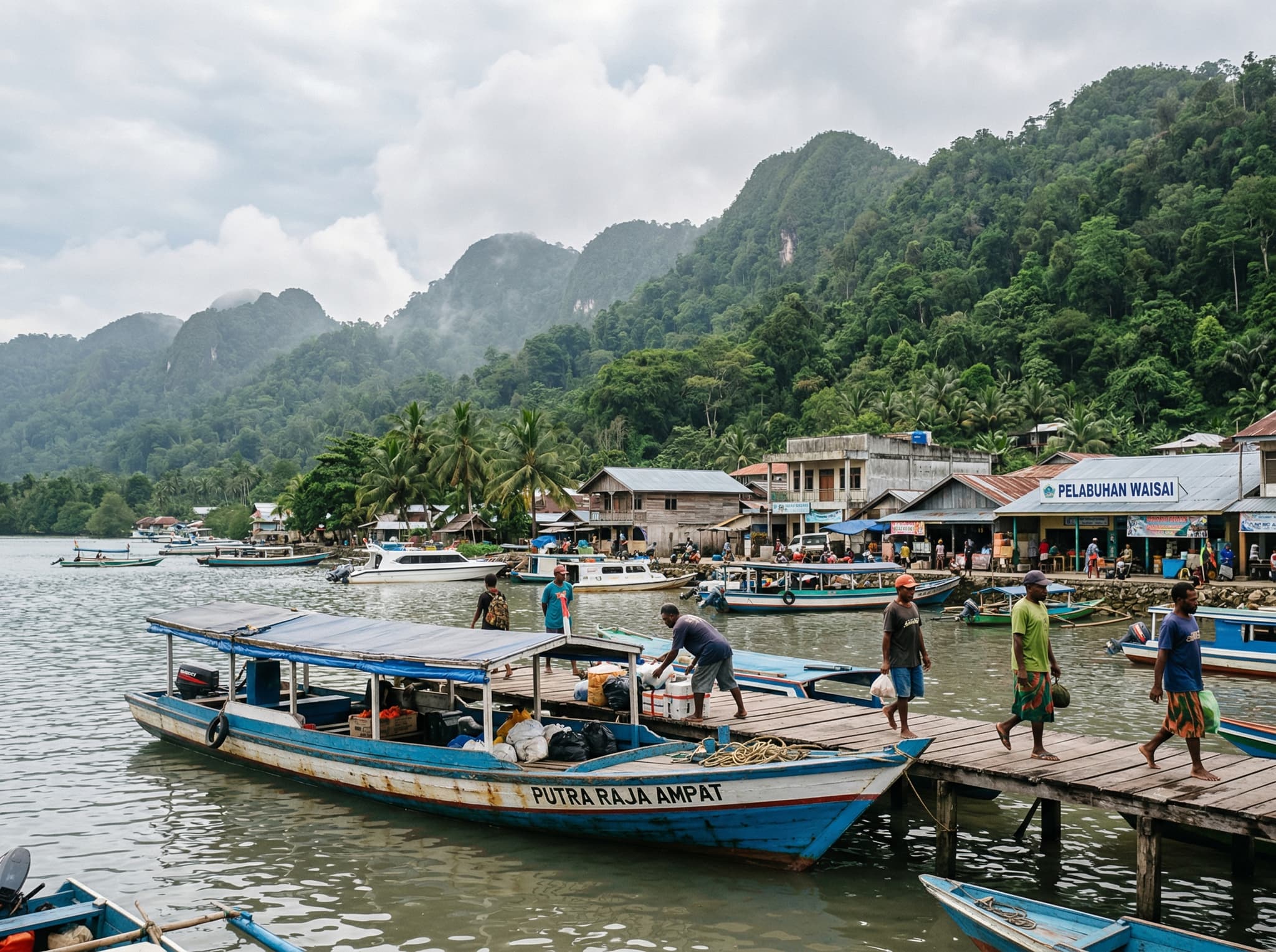 A small wooden speedboat approaching the Waisai port dock in Raja Ampat, with the town's waterfront and forested hills visible behind — representing the main transit hub where visitors purchase marine permits before heading to Gam Channel and other sites.