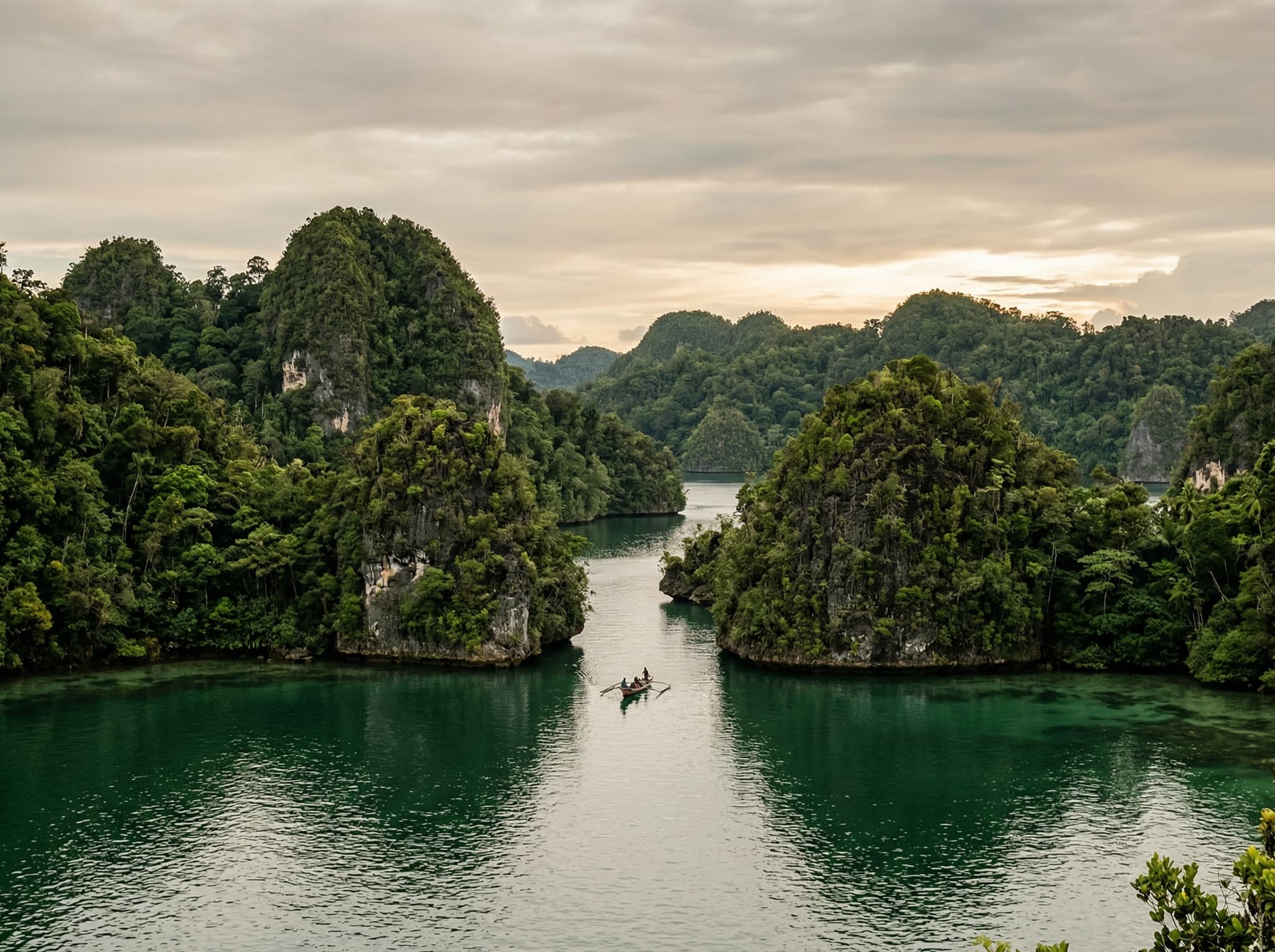 Kabui Bay in Raja Ampat, showing the dramatic karst limestone formations rising from emerald water with jungle-covered cliffs — illustrating the above-water scenery that the article recommends pairing with a Gam Channel dive in the 'Combining Nearby Sites' section.