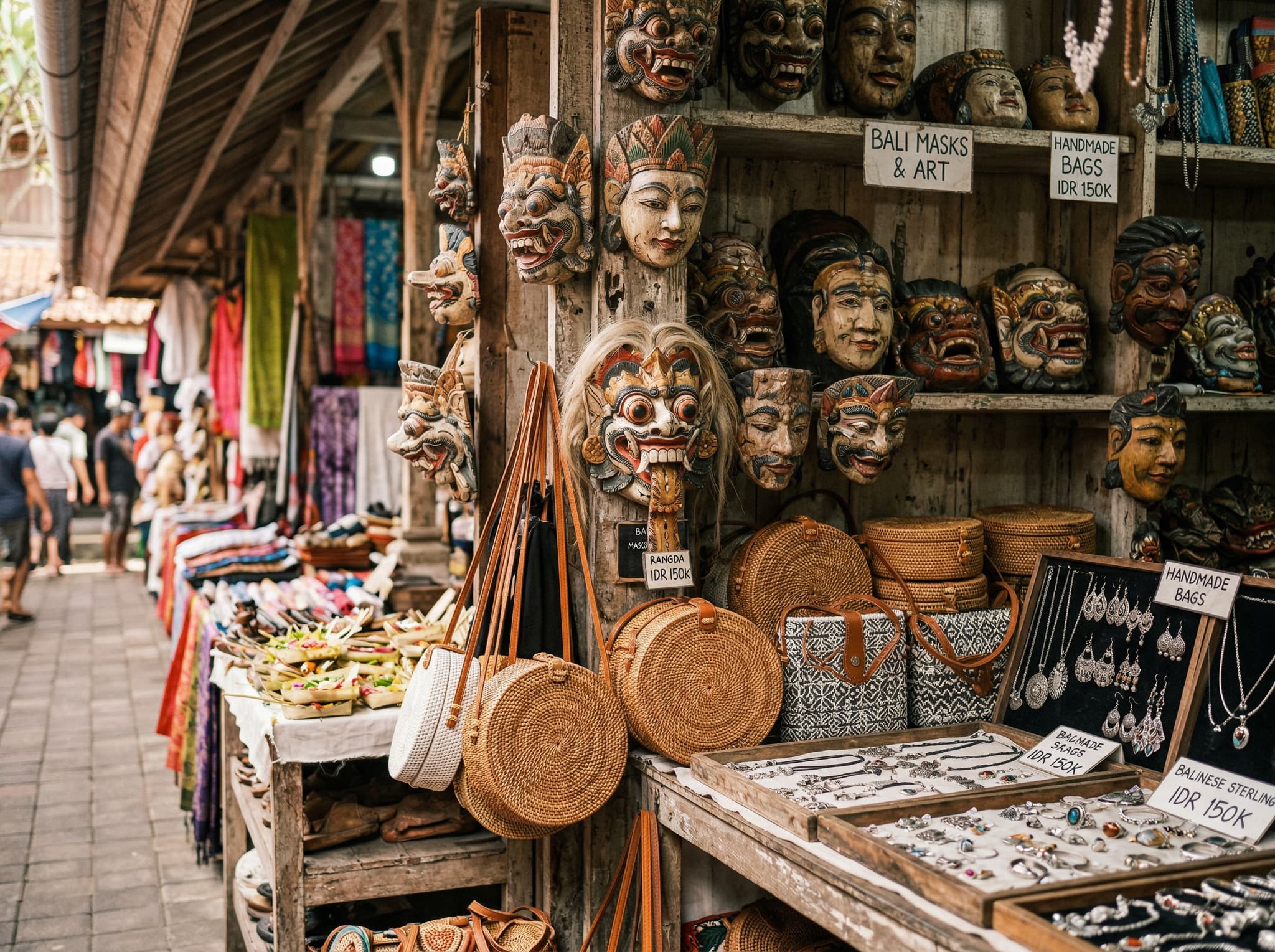 Close-up of handcrafted Balinese goods at a market stall — silver jewelry, carved wooden masks, or woven rattan bags arranged for display — illustrating the range and craft quality of items available at Ubud Art Market and supporting the article's section on what visitors will find and how to evaluate price and authenticity