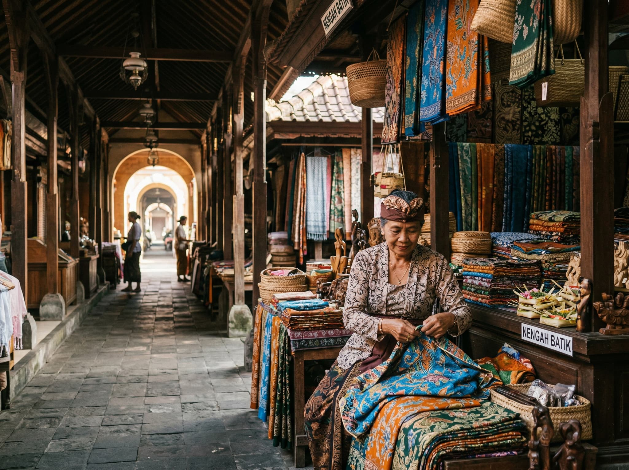 Early morning scene at or near Ubud Art Market — quiet market aisles, a vendor arranging goods, or the street in front of the market before crowds arrive, illustrating the article's advice to visit before 10 AM for cooler air, fewer tourists, and more negotiating flexibility
