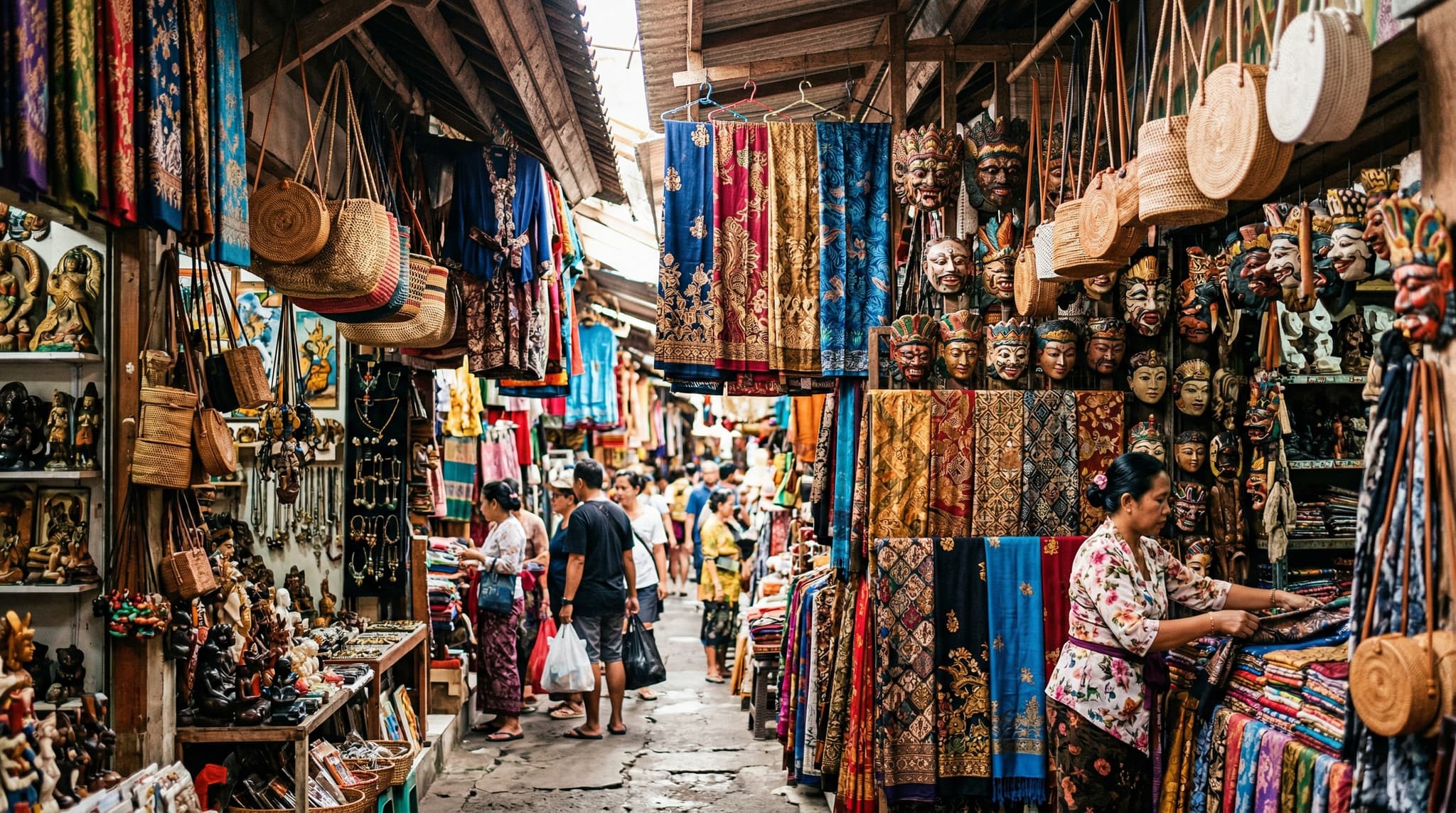 The entrance or interior of Ubud Art Market (Pasar Seni Ubud) in Bali, showing colorful handcrafted goods — batik fabrics, carved masks, woven bags — hanging from stalls in a dense, covered market arcade, conveying the sensory richness of Bali's most central handicraft destination
