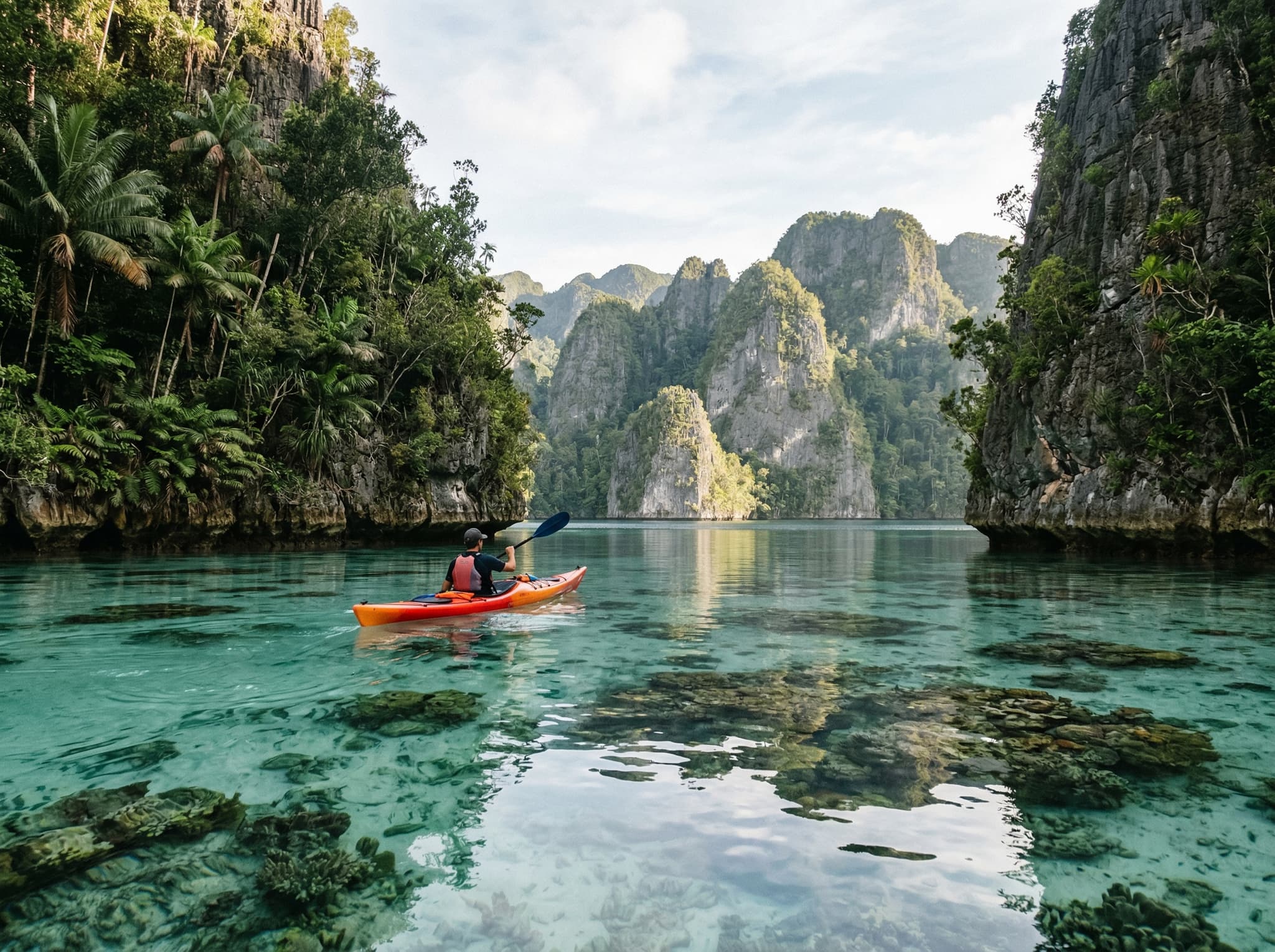 Sea kayaking between karst islets in Kabui Bay, Raja Ampat — a paddler navigating the sheltered, calm water between limestone formations draped in jungle, illustrating the bay's appeal as one of Raja Ampat's premier kayaking destinations