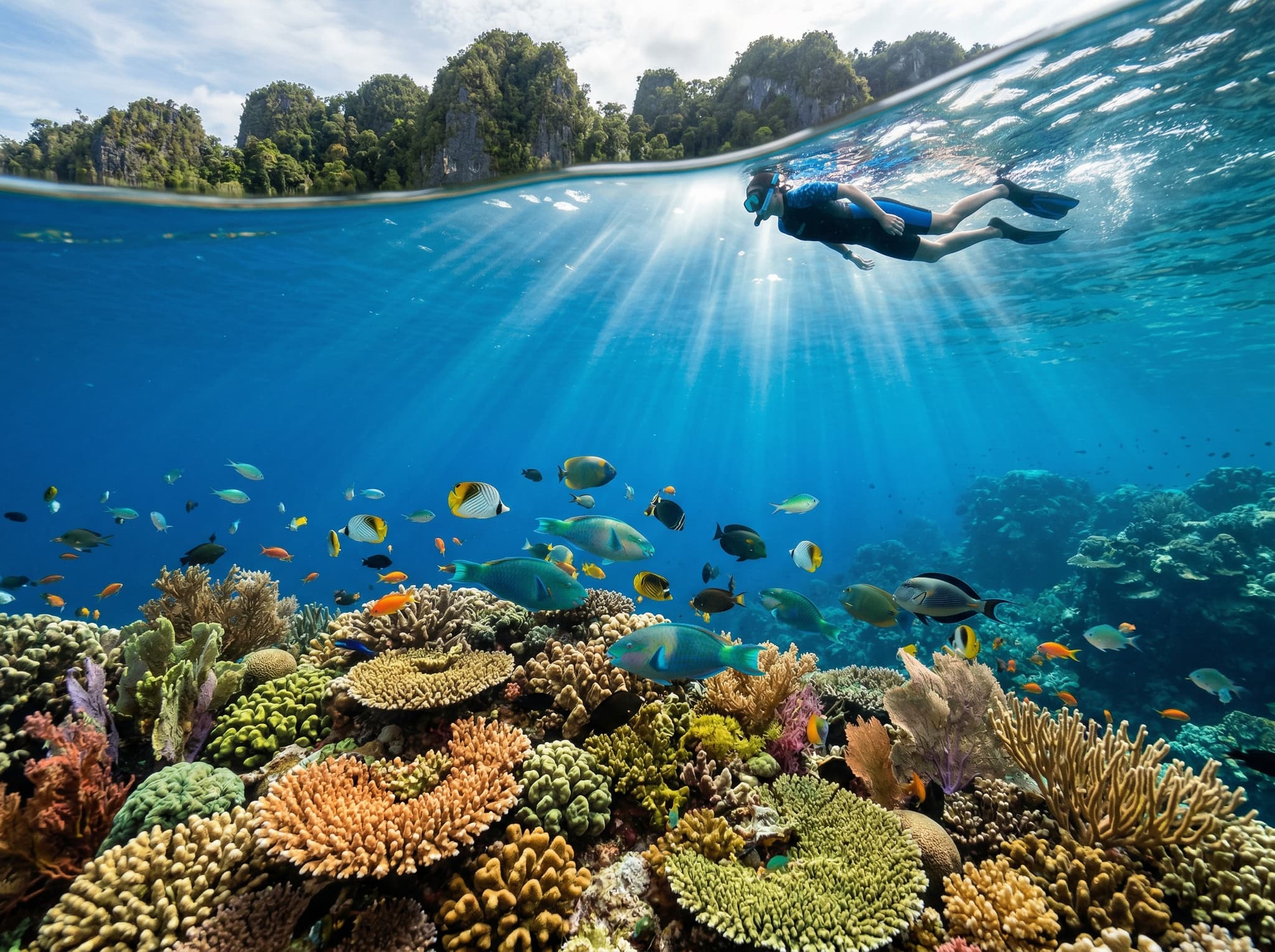 Snorkeling over shallow coral reef along Waigeo's southern shore in Kabui Bay, Raja Ampat — dense hard and soft corals with tropical reef fish, representing the accessible snorkeling the article describes directly from beach or jetty