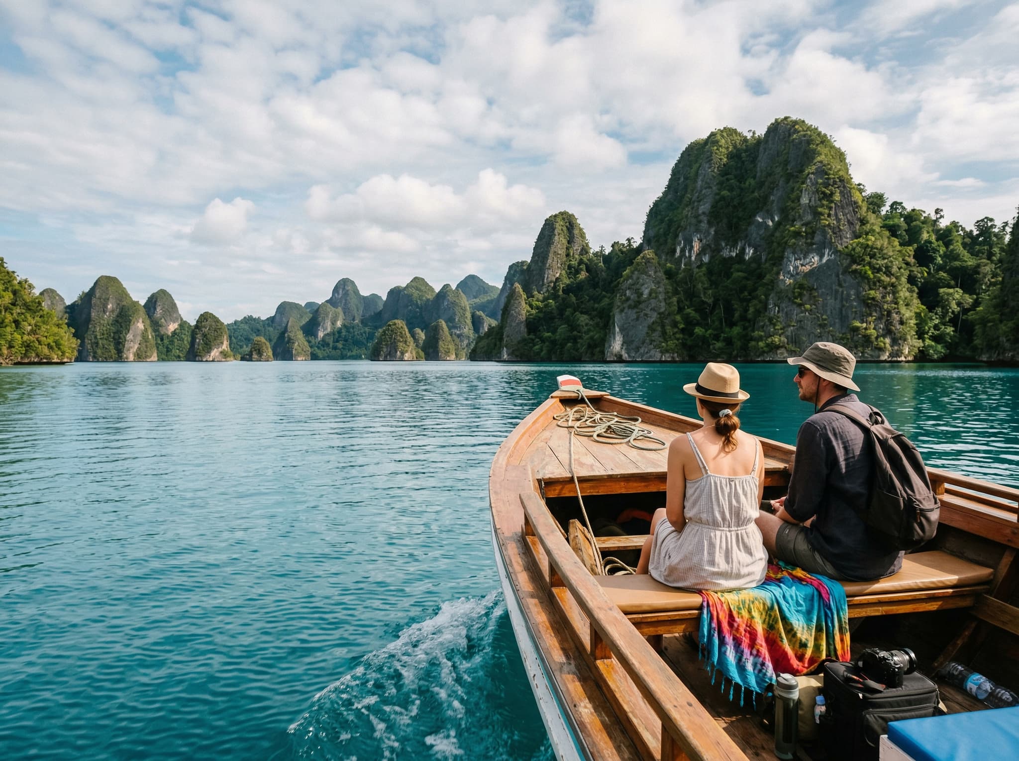 A speedboat charter crossing calm water toward the karst formations of Kabui Bay from Waisai, Raja Ampat — representing the primary mode of access described in the Getting There section, with limestone islands visible on the horizon