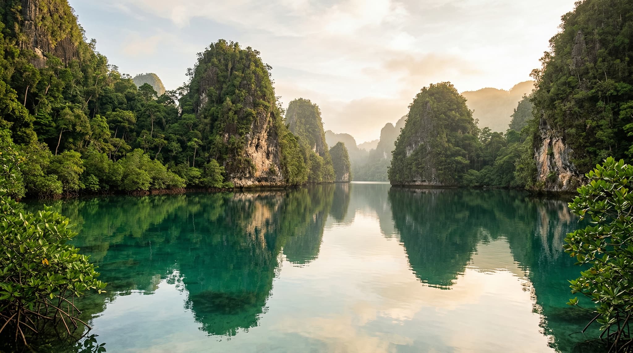 Limestone karst islets rising from the glassy, mirror-still water of Kabui Bay, Raja Ampat, with dense jungle reaching to the waterline and the formations reflected perfectly in the calm sea below — establishing the bay's defining character as both above and below the waterline spectacle