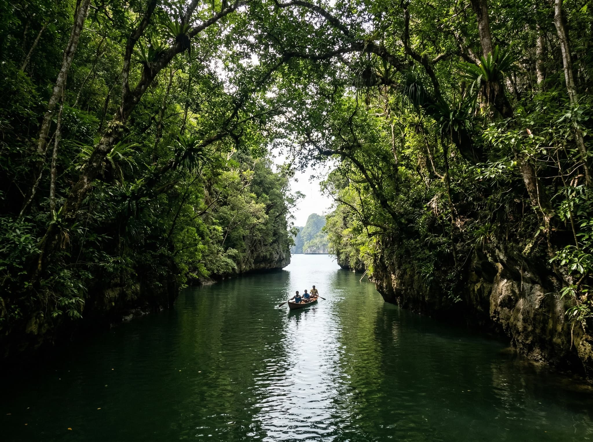 The Passage — the narrow fjord-like channel between Gam and Waigeo islands in Raja Ampat, where overhanging jungle closes in from both sides over water barely 25 metres wide, creating the sensation of an inland waterway at sea