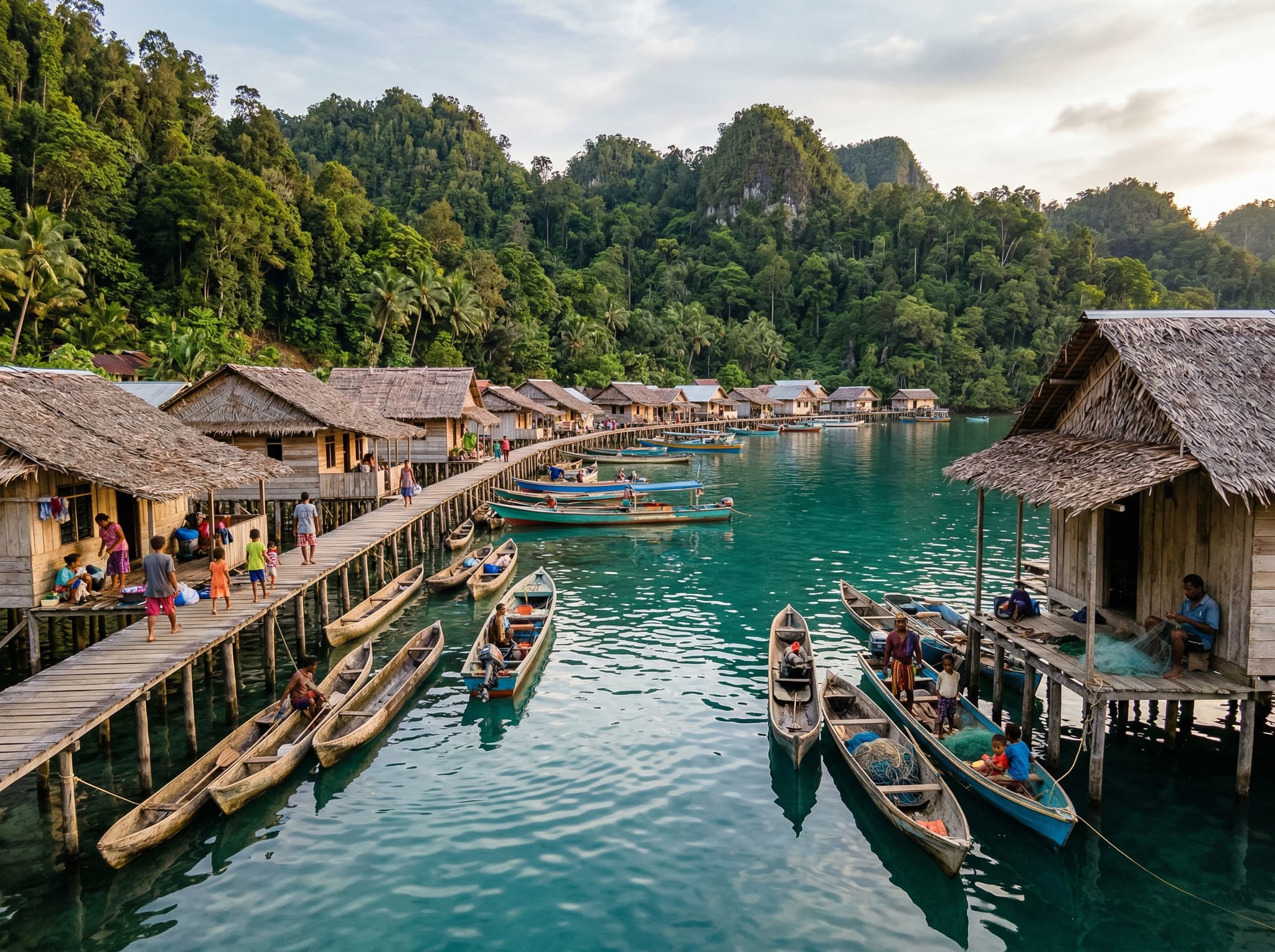 A traditional village on Waigeo Island's shore near Kabui Bay, Raja Ampat — wooden stilt houses over water representing the working communities of Wawiyai or Bouton that the article describes as accessible by boat from the bay