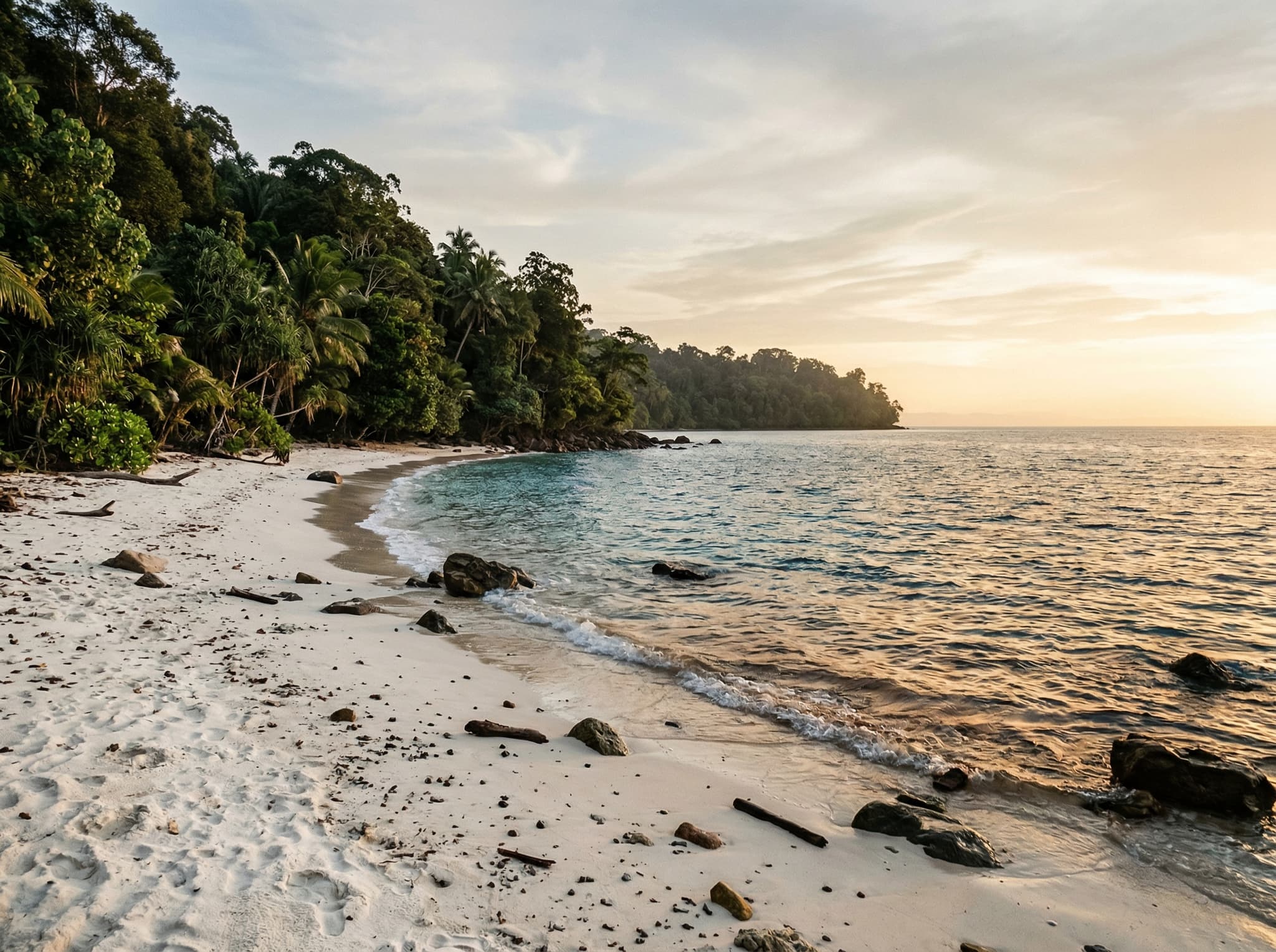 Late afternoon light over a remote beach on Batanta Island's north coast, Raja Ampat — copper-toned water, no boats, dense forest behind the shoreline, evoking the solitary closing scene described by the writer