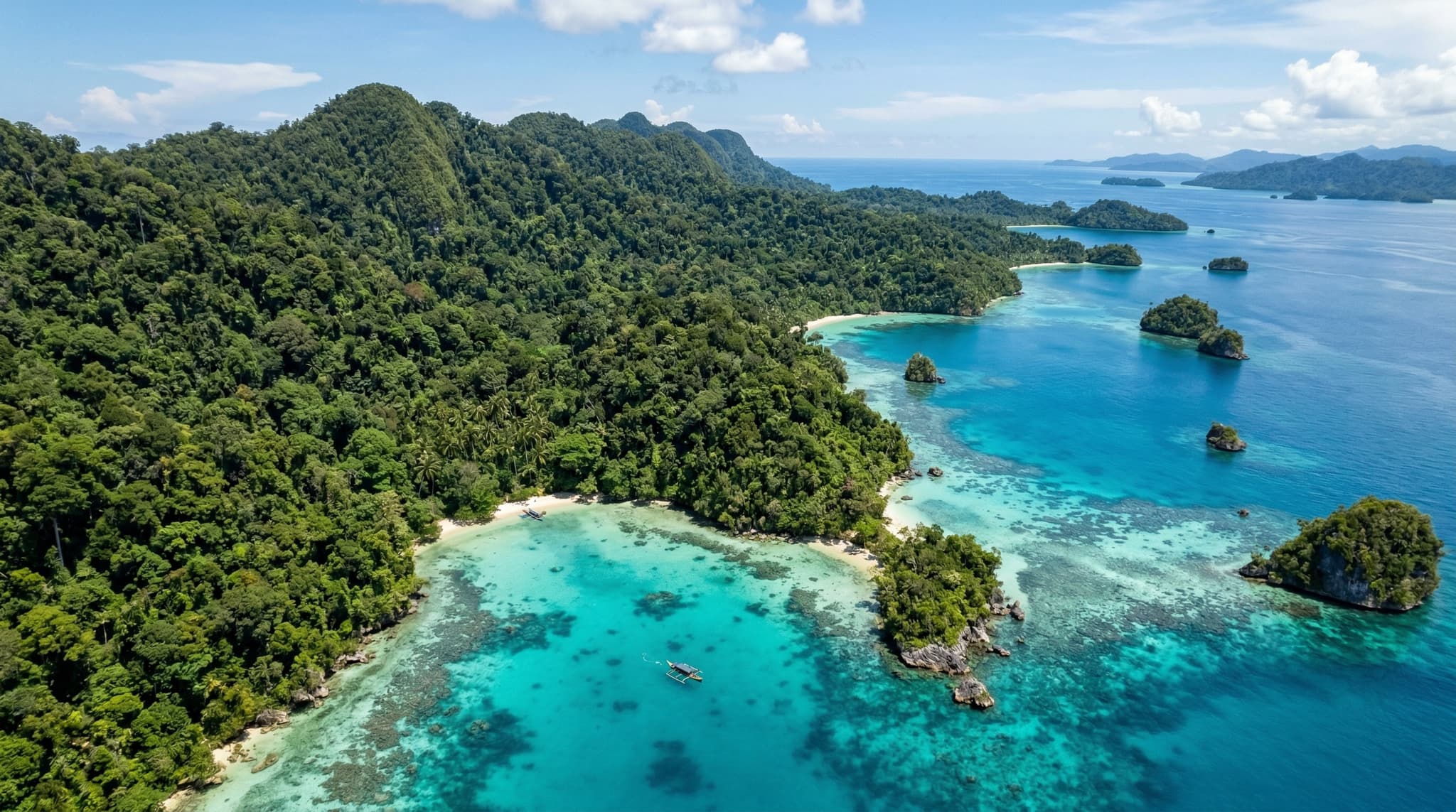 Aerial or coastal view of Batanta Island, Raja Ampat — dense rainforest meeting turquoise water, illustrating the island's untouched, undeveloped character described in the article