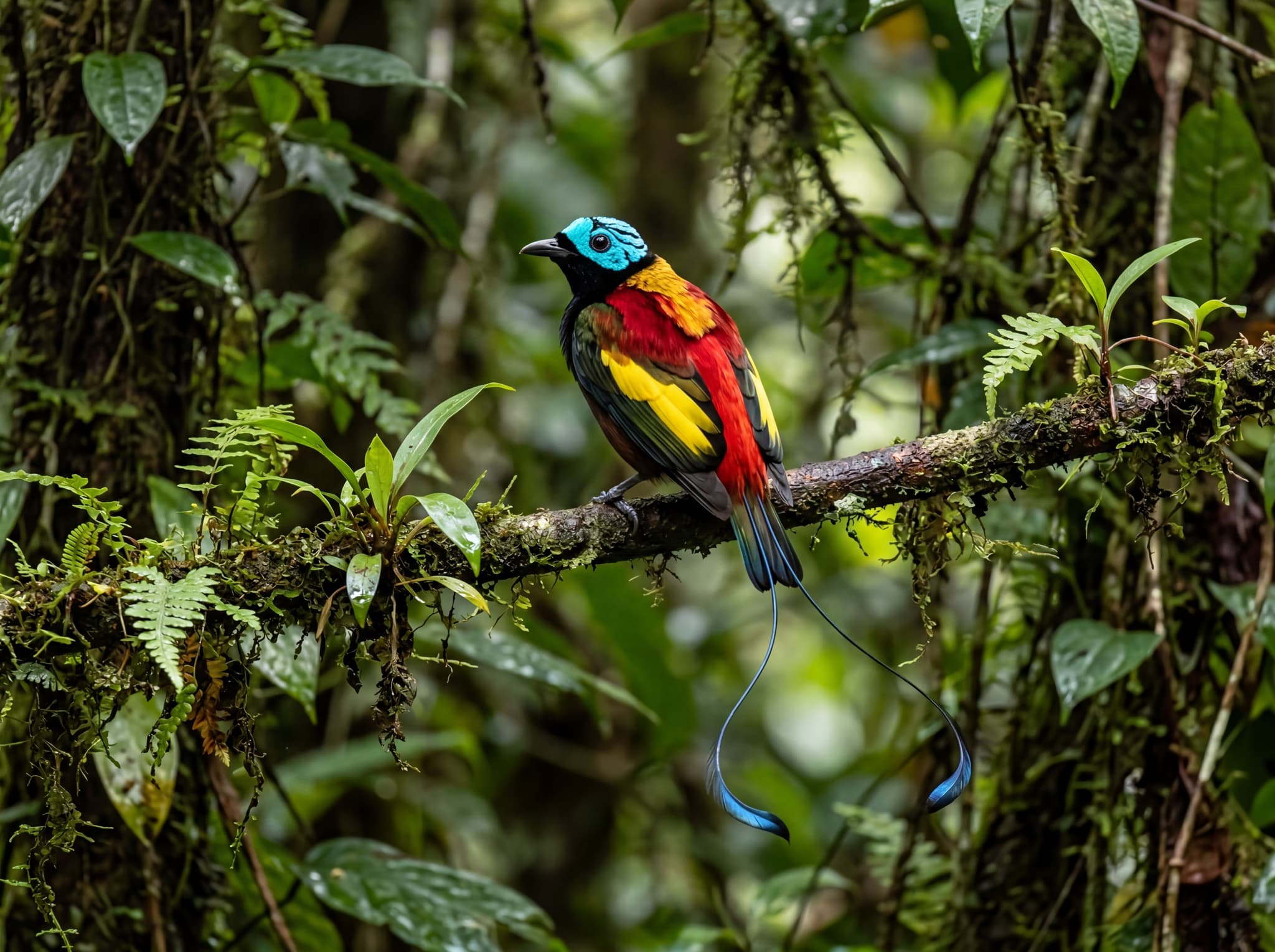 Wilson's bird-of-paradise (Cicinnurus respublica) perched in rainforest — the turquoise crown and crimson plumage of this species found only on Batanta and Waigeo, central to the article's section on Batanta's forest interior