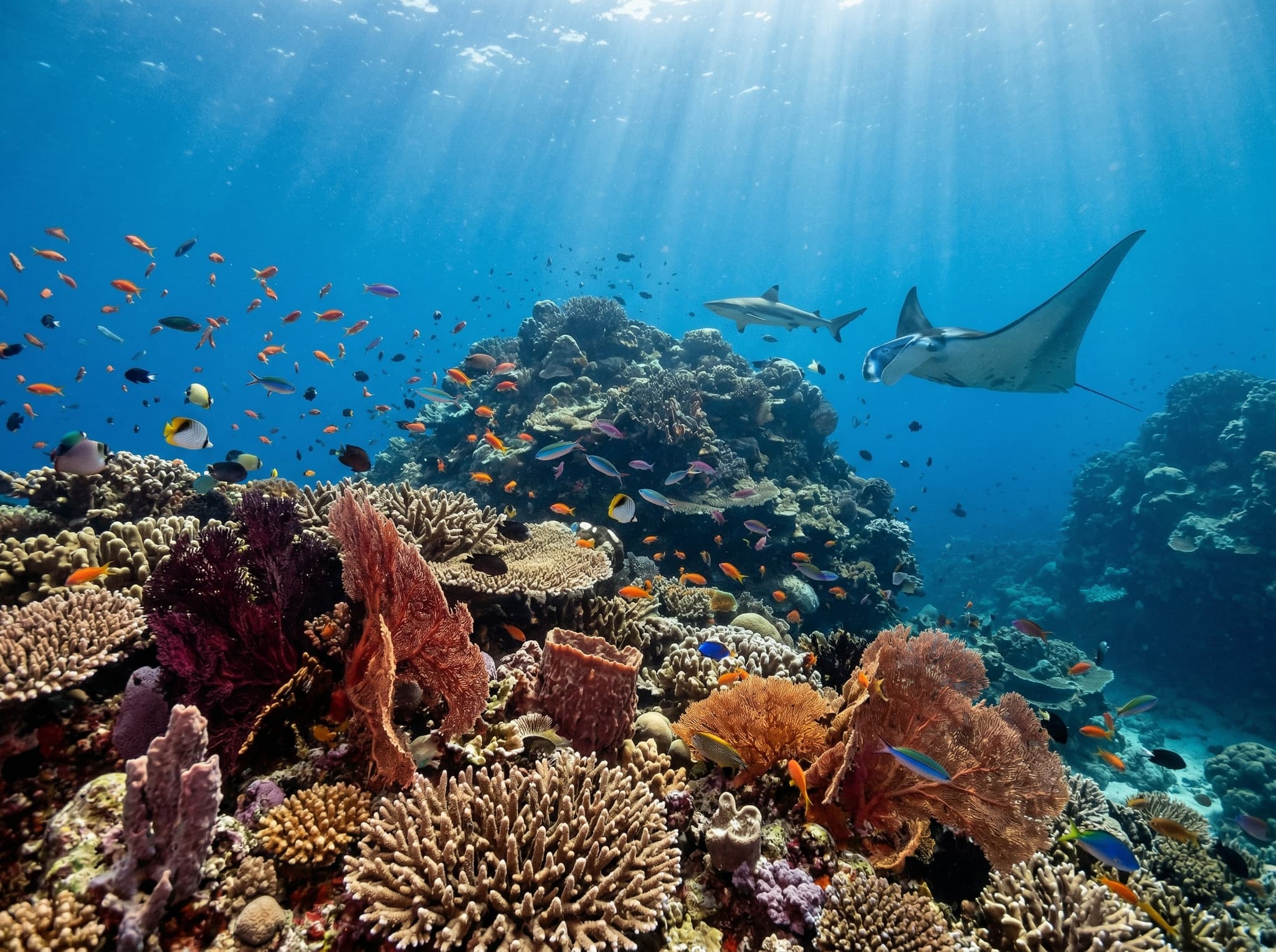 Underwater scene inside the Misool Marine Reserve showing the coral and fish density that justifies the journey — reef sharks, manta rays, or dense coral coverage that illustrates the 300,000-acre reserve's documented marine recovery