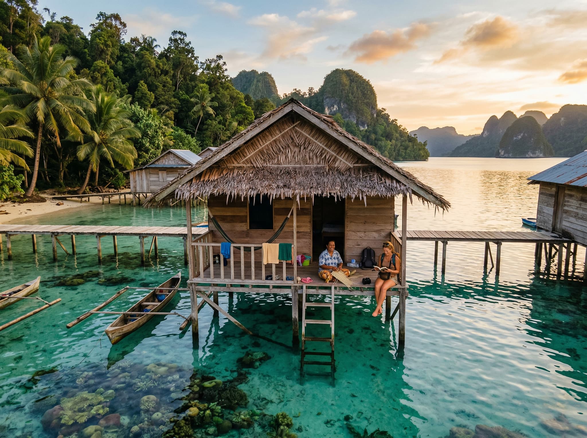 A traditional Indonesian wooden homestay or simple guesthouse on a Raja Ampat island — representing the budget accommodation tier for independent travelers visiting Misool on under ### Homestays: The Budget Option (Under $100/Night)00 per night