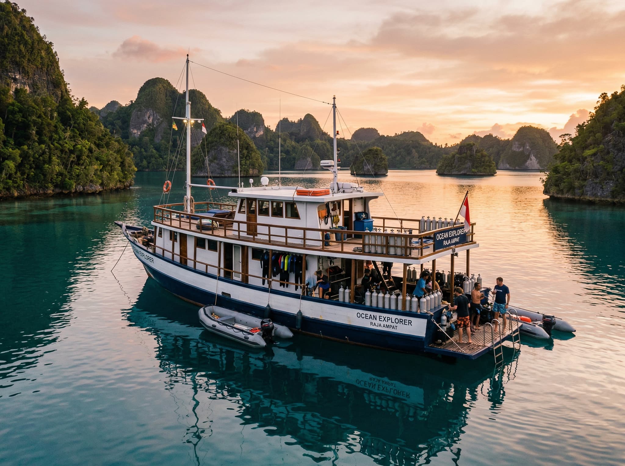 A liveaboard dive vessel anchored in calm Raja Ampat waters at sunset or dawn — representing the mid-range accommodation tier ($4,000–$8,000/week) that most divers use to access Misool's dive sites