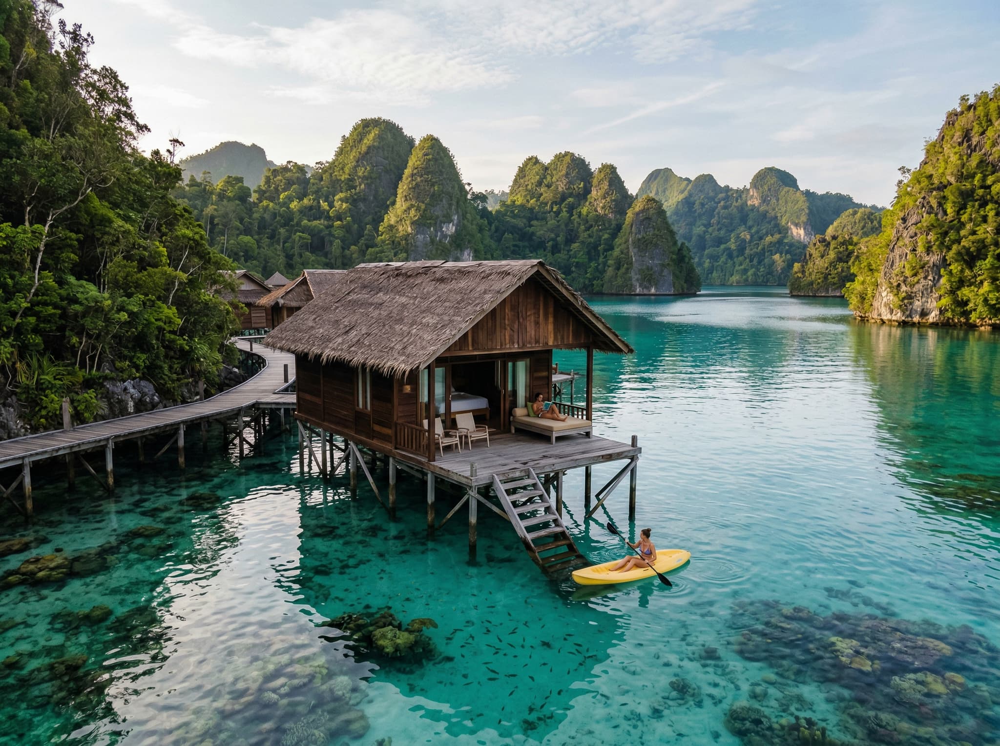An overwater villa or water cottage at an eco-resort in Raja Ampat — representing the Misool Eco Resort tier, the highest-cost accommodation option with rates from $4,600 to $9,350 per week