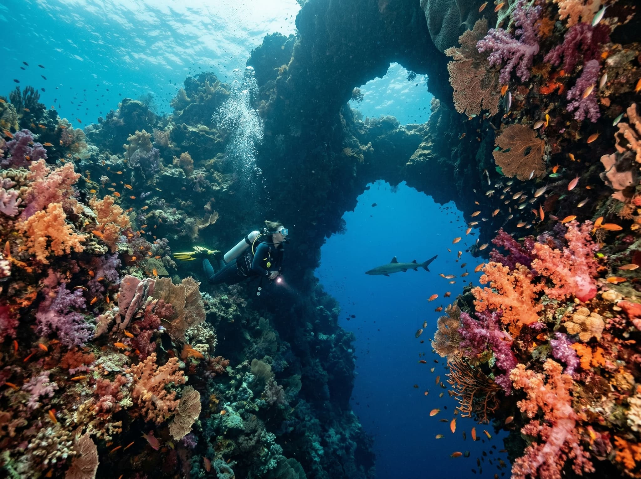 A diver exploring a coral wall or swim-through in Raja Ampat — representing the Boo Windows or Fiabacet dive sites described in the article, where natural rock formations and soft coral define the diving experience