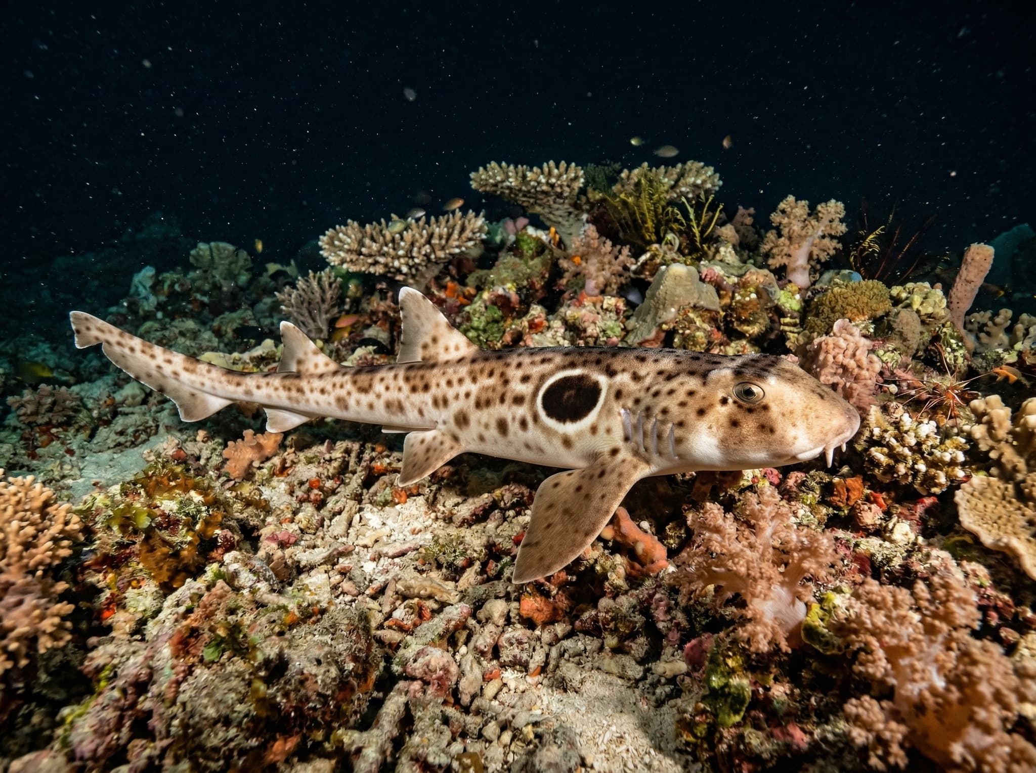 An epaulette shark walking across a shallow reef at night — illustrating the walking shark night dive experience described as one of Misool's signature wildlife encounters