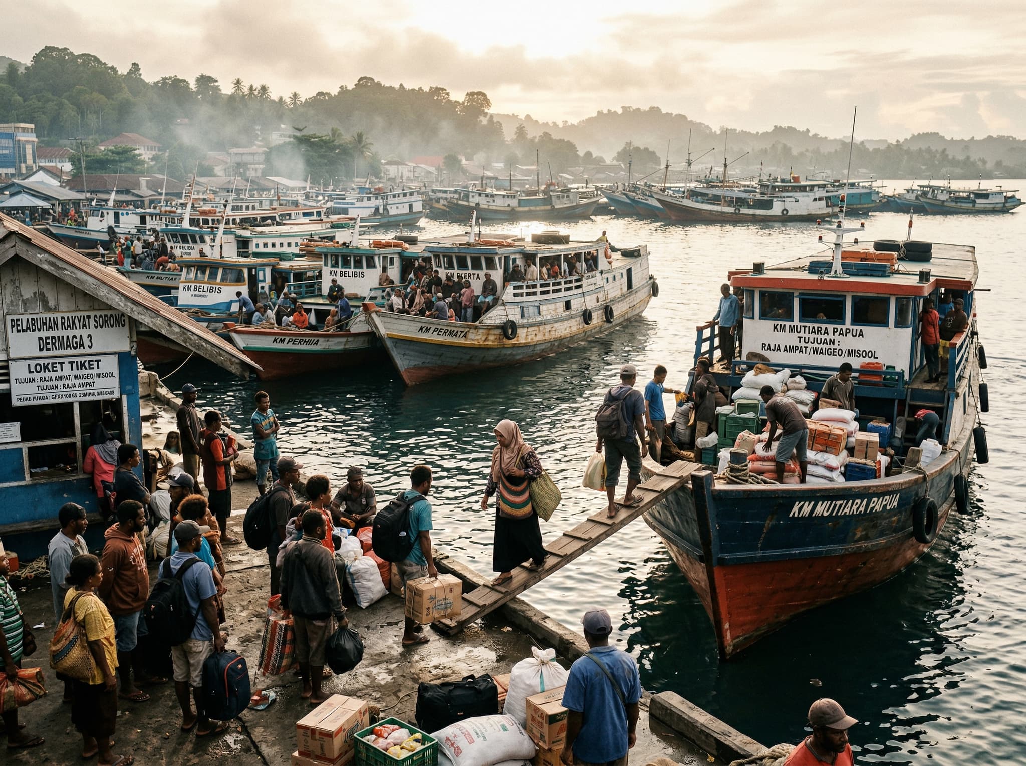The harbor at Sorong, West Papua — the mandatory departure point for all routes to Misool, showing the working port atmosphere where travelers board ferries for the 6–10 hour crossing