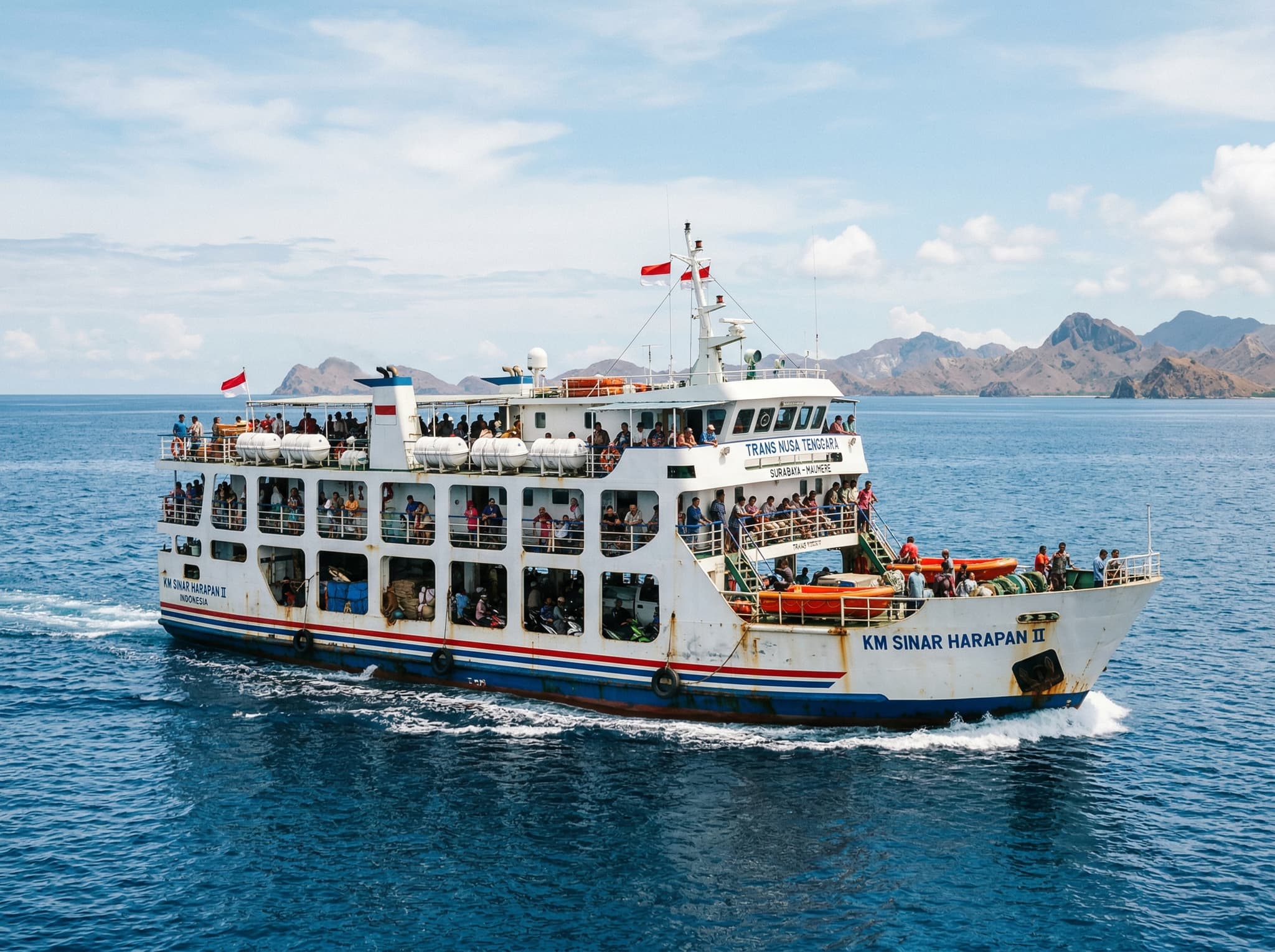 The Misool Express or similar public ferry on open water between Sorong and Misool — representing the primary transport option covered in the getting-there section, a 6-hour Monday crossing
