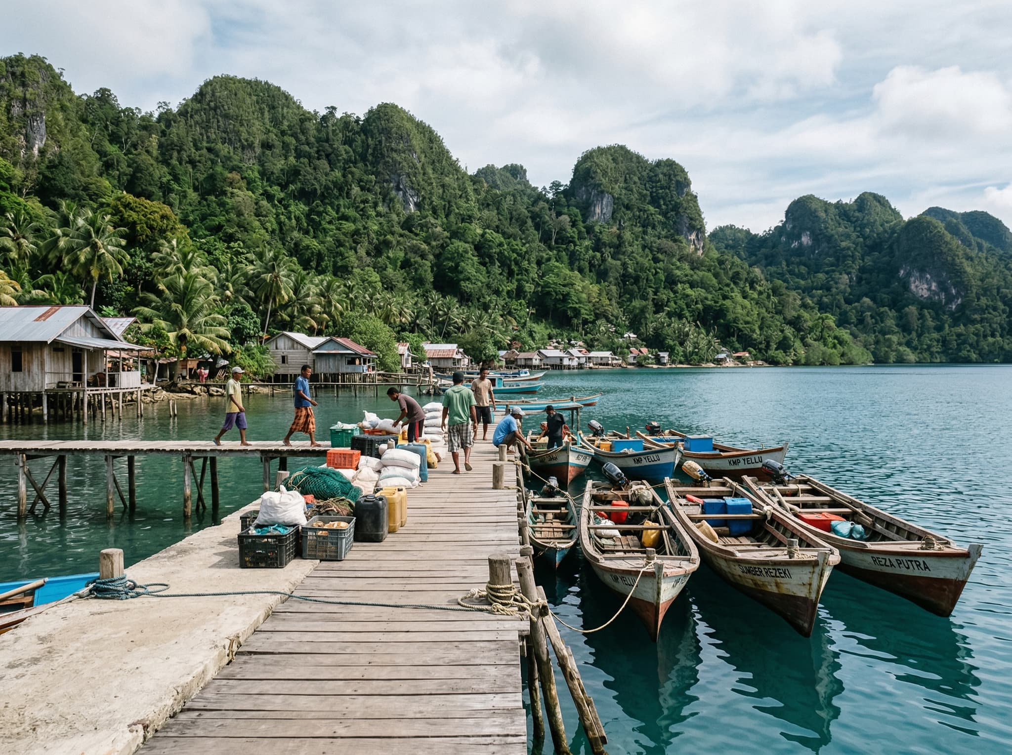 Yellu Port on Misool Island — the arrival point for public ferries where travelers transfer to small boats for the final 30–60 minute leg to their accommodation