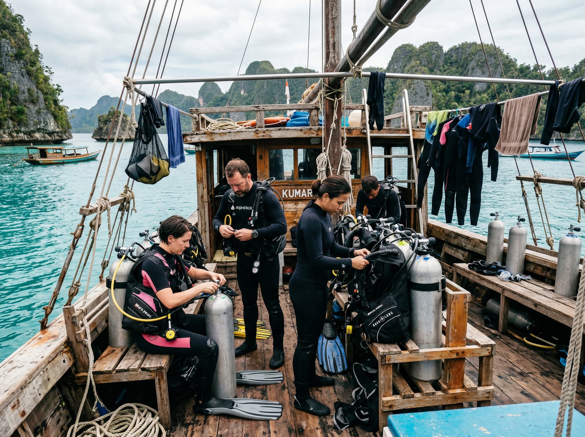The deck of a budget-tier liveaboard in Raja Ampat — divers gearing up or rinsing equipment between dives, showing the functional, no-frills surface experience that defines the budget tier described in the article