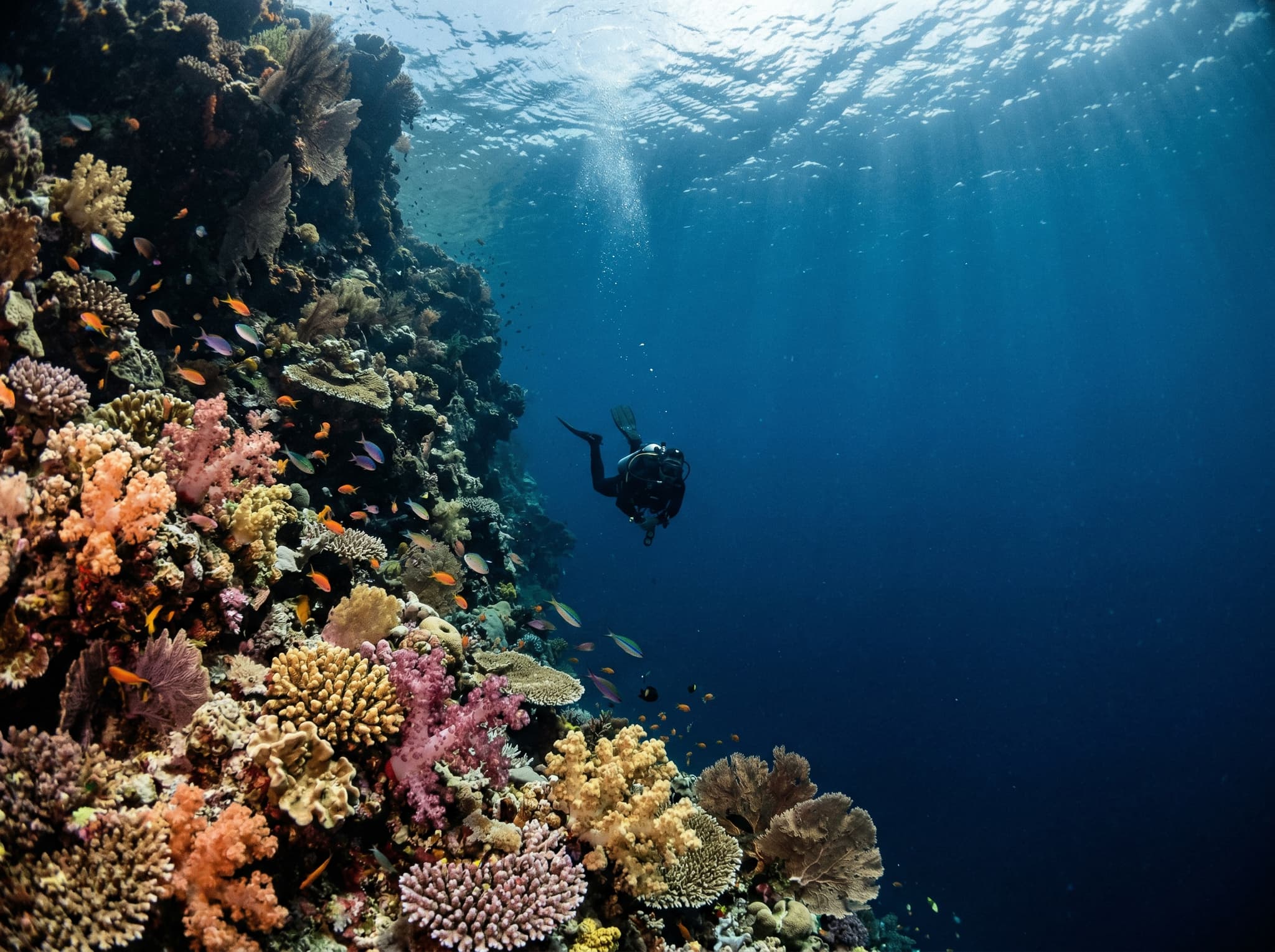 A diver descending into the blue at a Raja Ampat dive site — capturing the underwater experience that remains consistent across all budget tiers, reinforcing the article's conclusion that the reefs are extraordinary regardless of which boat you choose