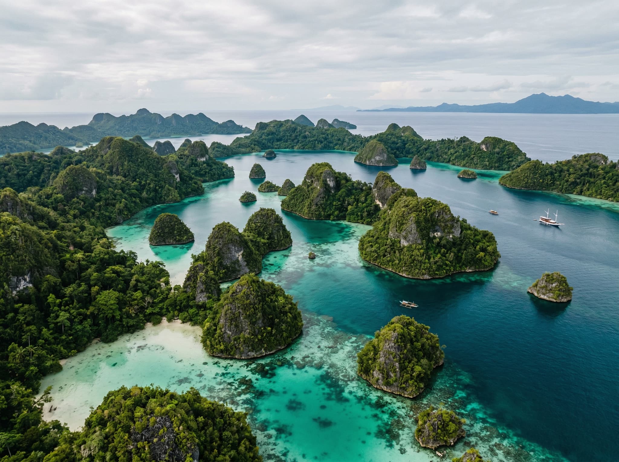 The iconic karst limestone islands of Wayag, northern Raja Ampat, viewed from above or water level — illustrating the article's description of Wayag delivering the defining above-water scenery of Raja Ampat, available only on longer liveaboard itineraries